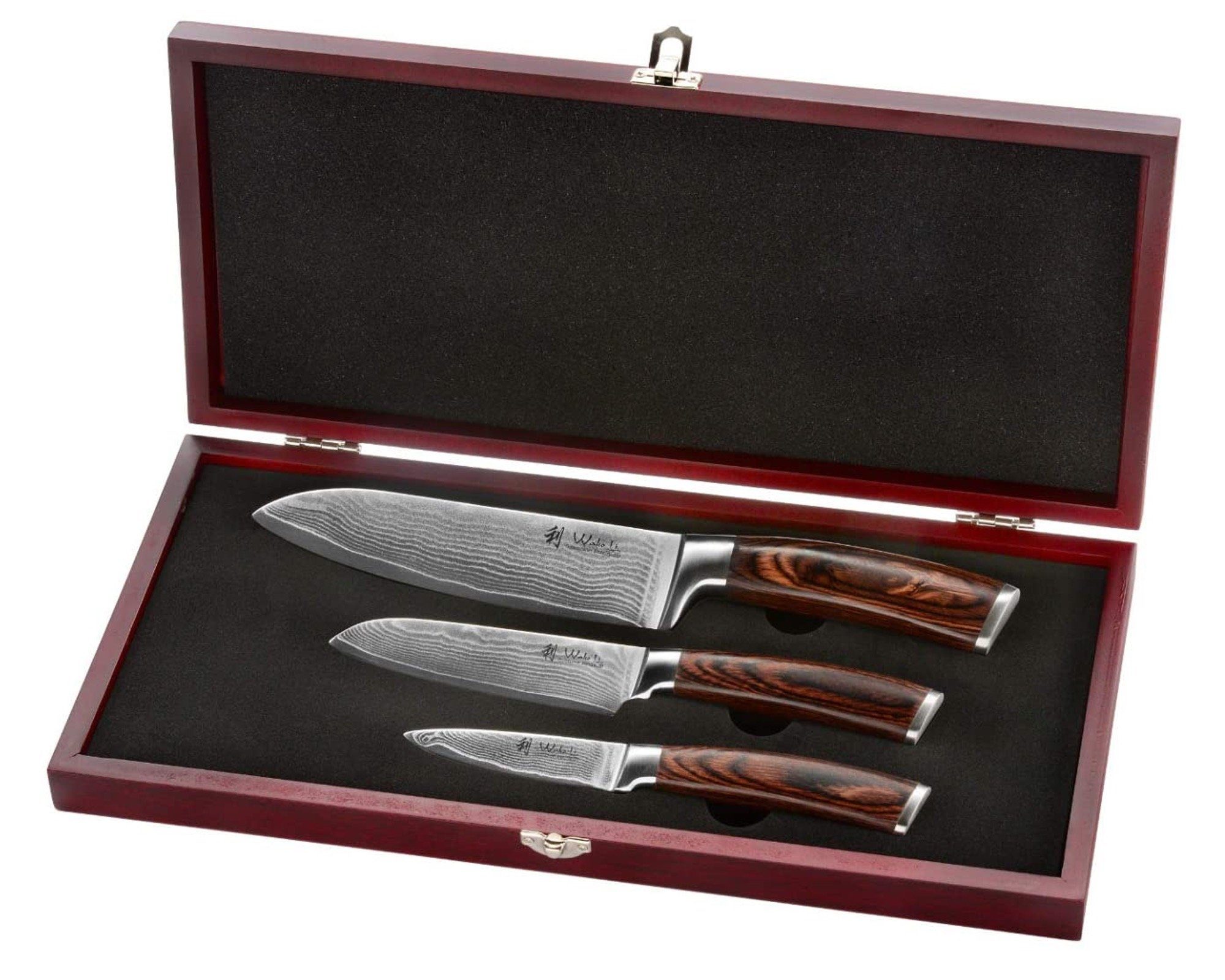 Wakoli Messer-Set Edib 3er Damastmesserset I Holzbox I 8-17cm Klinge I Pakkaholzgriff