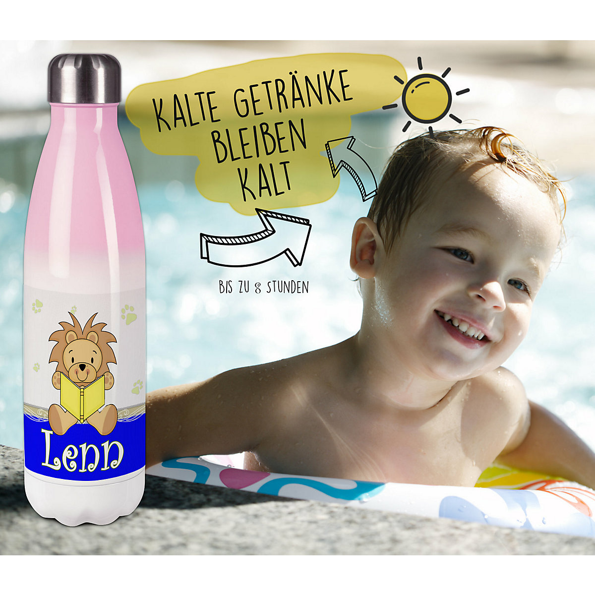 Edelstahl Kinder Thermoflasche / Trinkflasche bunt Leselöwe Farbe blau Spülmaschinenfest, Auslaufsicher, Bruchfest, Doppelwandig, Für Heißgetränke geeignet, Mit Deckel, Isoliert