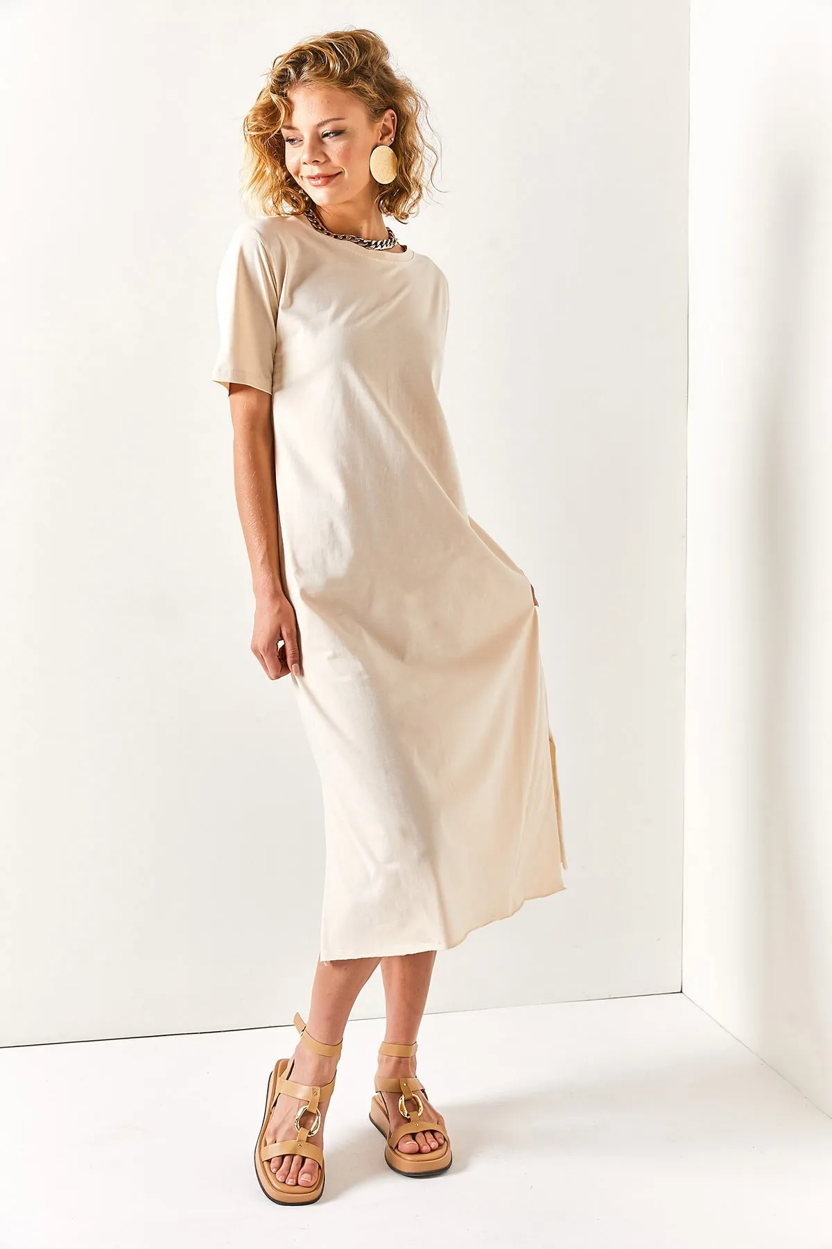 Olalook  Damen-Stone-Side-Slit-Oversize-Baumwollkleid ELB-19001880