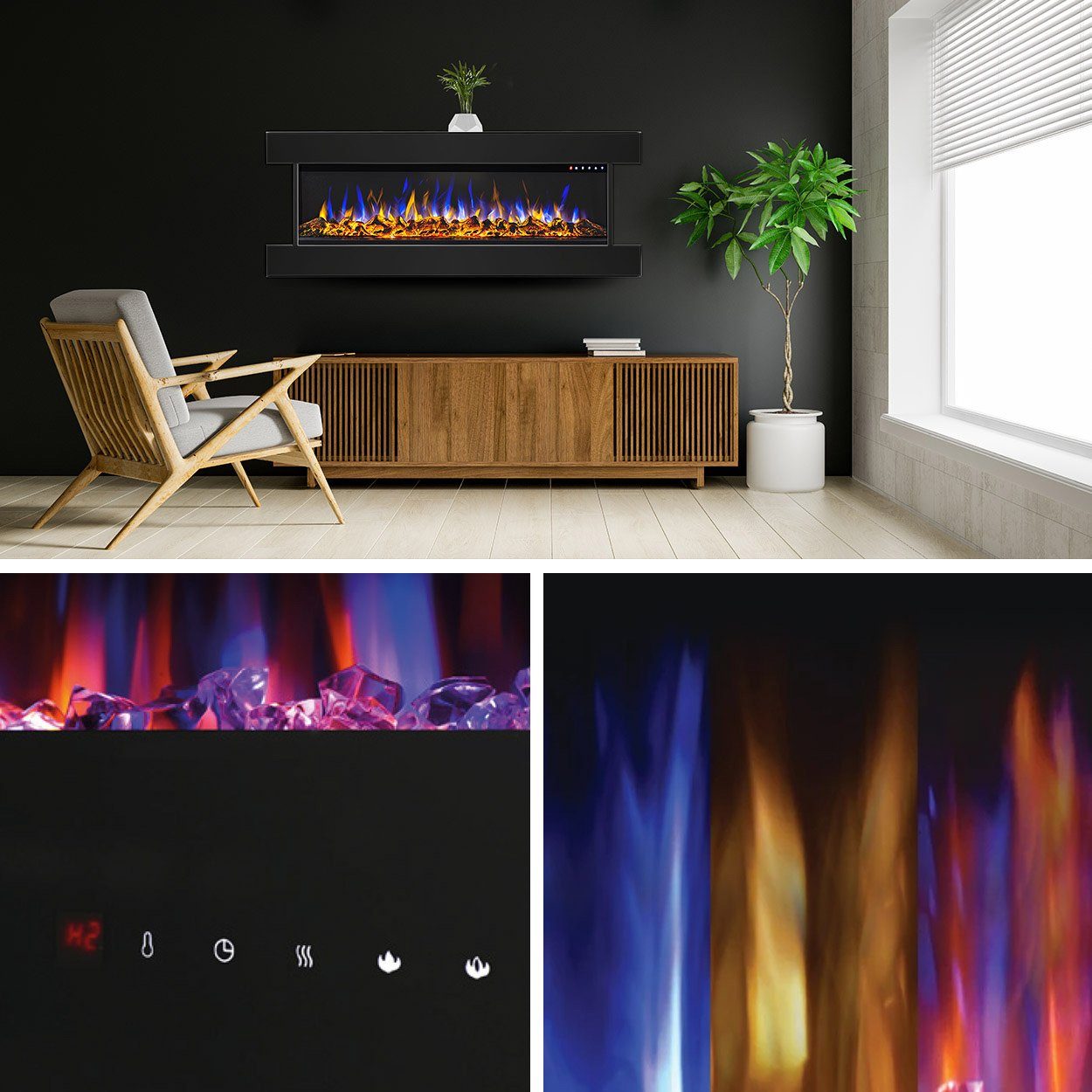 GLOW FIRE Elektrokamin Insert Clear, mit Heizfunktion bis 1600W, Fernbedienung & Abschaltautomatik