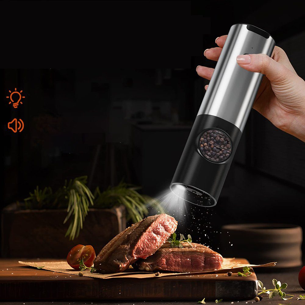 AKKEE Pfeffermühle Salz und Pfeffermühle Elektrisch mit Basis,Wiederaufladbare USB Elektrische Salz und Pfeffermühlen Set, (1 Stück), LED-Licht,Edelstahl-Einhand-Küchenhelfermühle