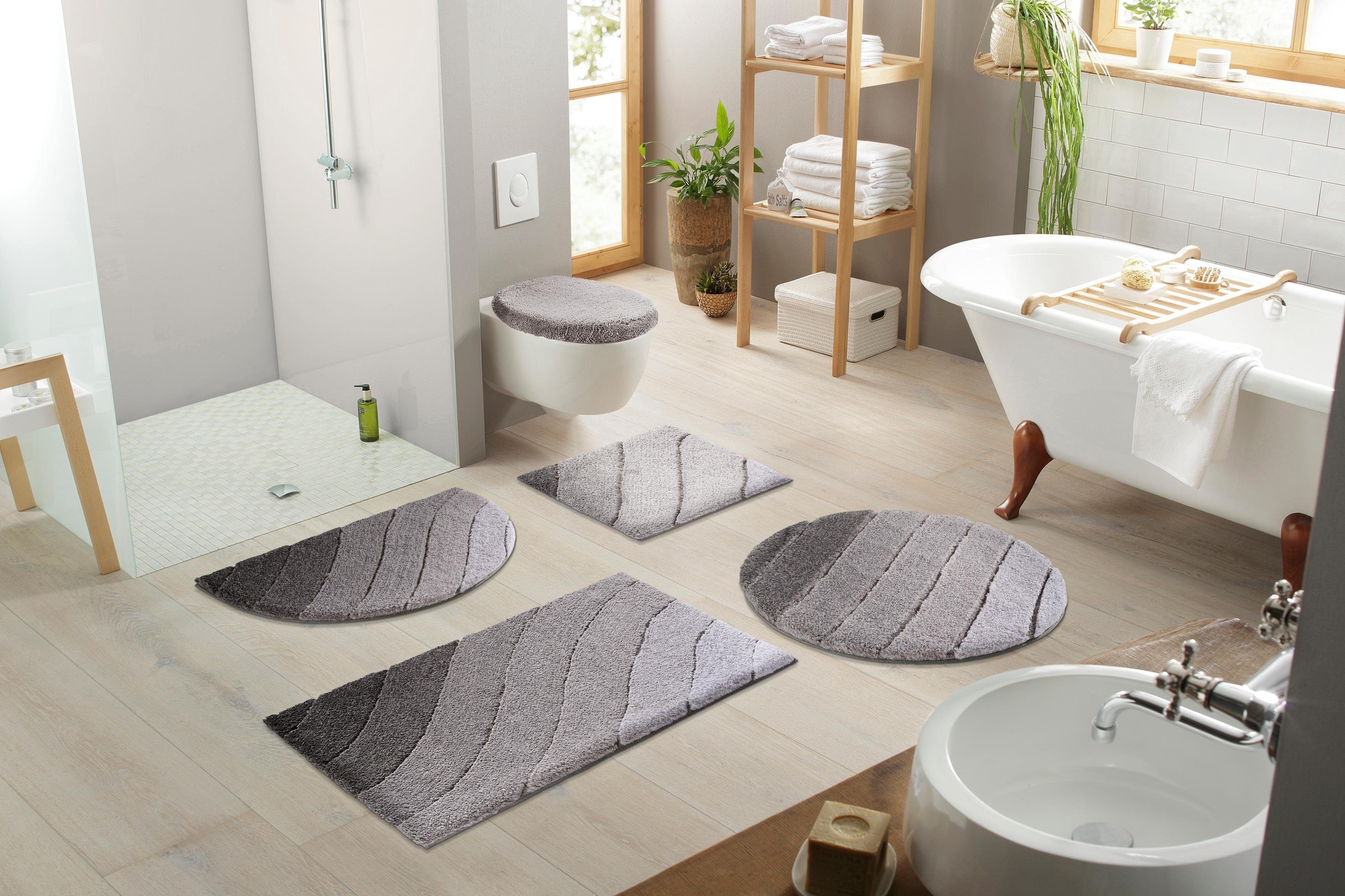 Badematte Donna Kleine Wolke, Höhe 20 mm, rutschhemmend beschichtet, fußbodenheizungsgeeignet, schnell trocknend, Polyester, rechteckig, Wellen Design, Pastell, 3-tlg. Set, rechteckig & rund erhältlich