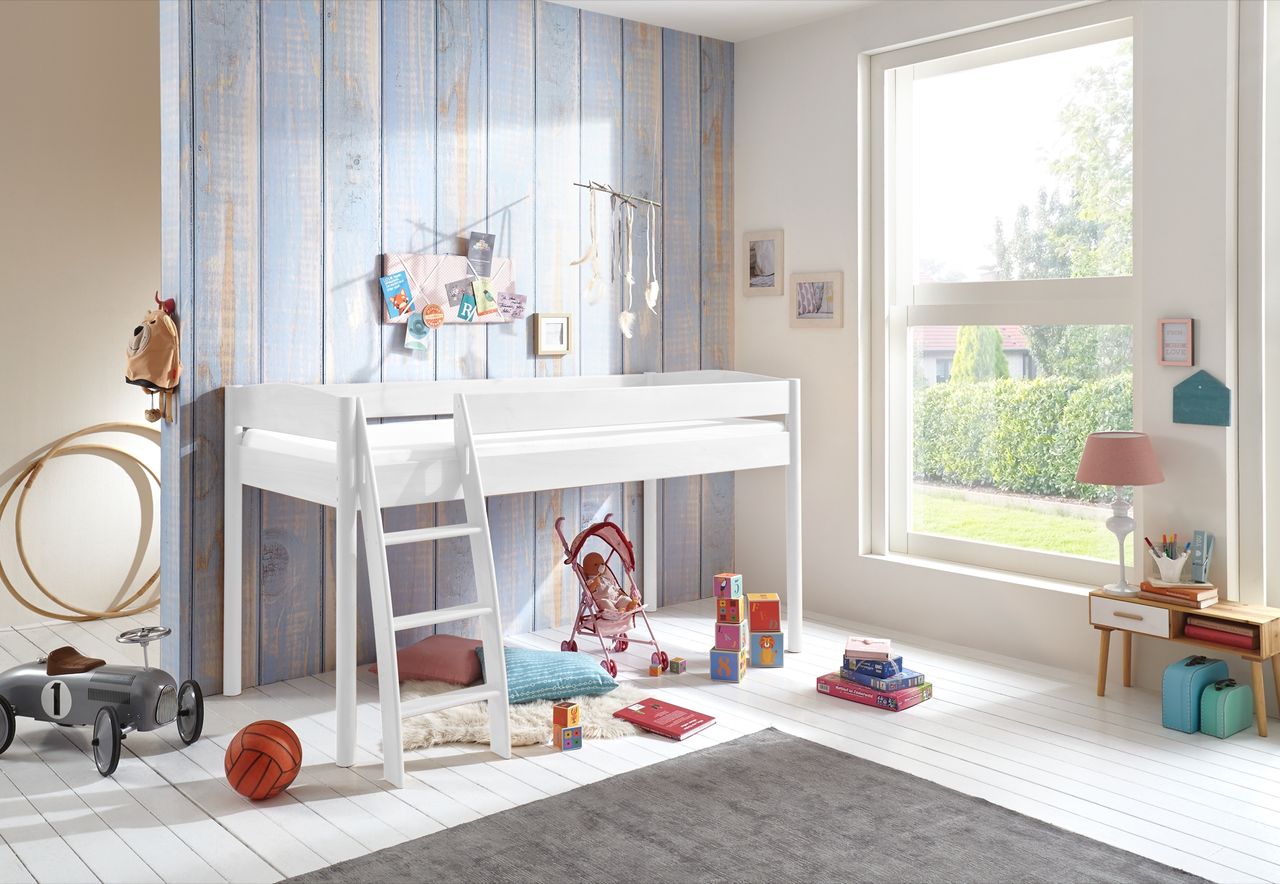 Relita Hochbett MICHELLE Buche 90x200 cm Buche massiv weiss lackiert, inkl. Rolllattenrost