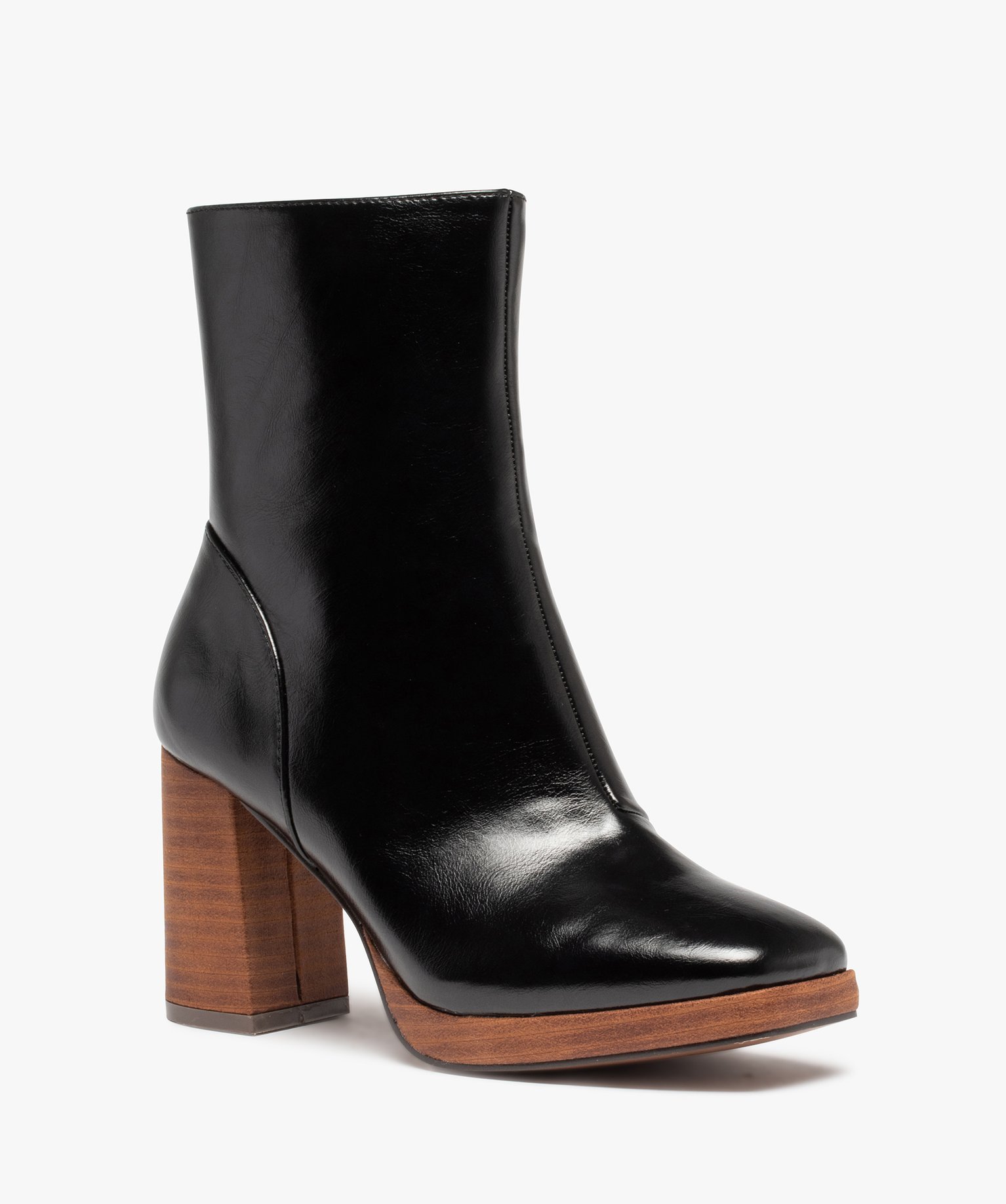 Boots femme à talon dessus uni et bout carré noir | GEMO