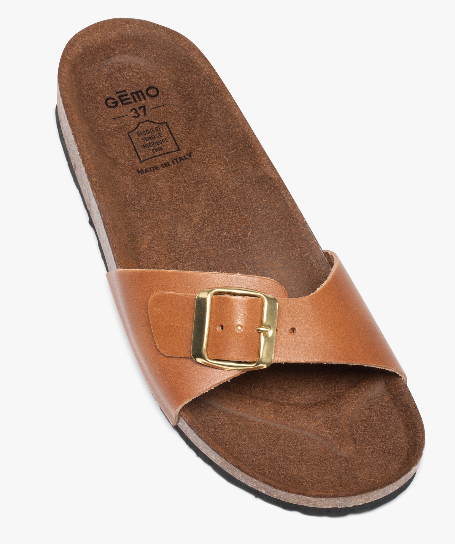 Mules femme à talon plat et bride ajustable en cuir camel | GEMO