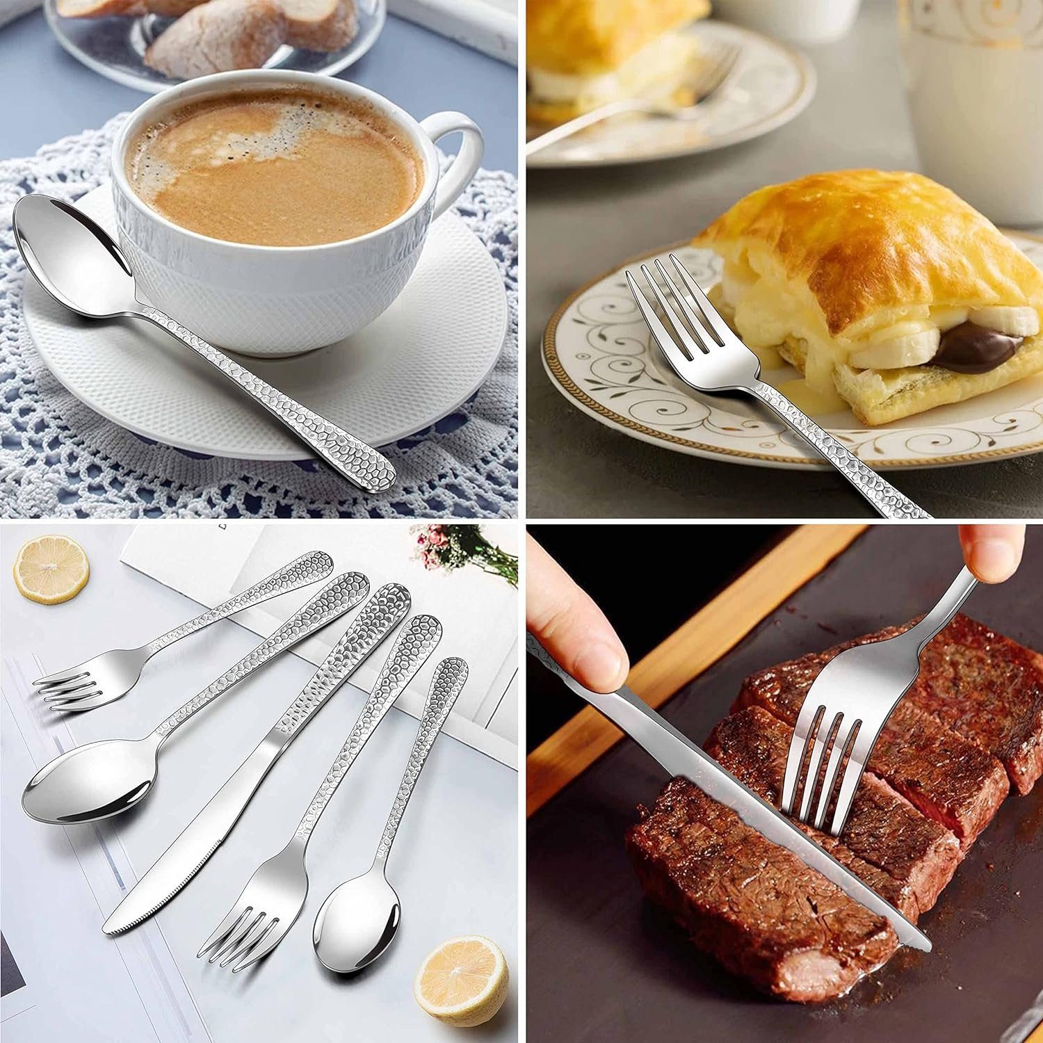 AKKEE Besteck-Set 30-teilig Besteckset Edelstahl Essbesteck für 6 Personen, mit Messer Gabel Löffel, Gehämmertes Tafelbesteck für Haushalt/Küche