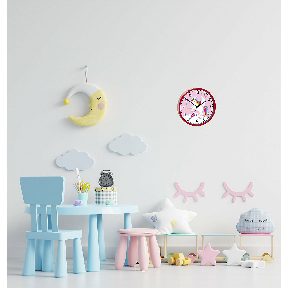 Kinder Wanduhr personalisiert mit Name Pegasus Rosa