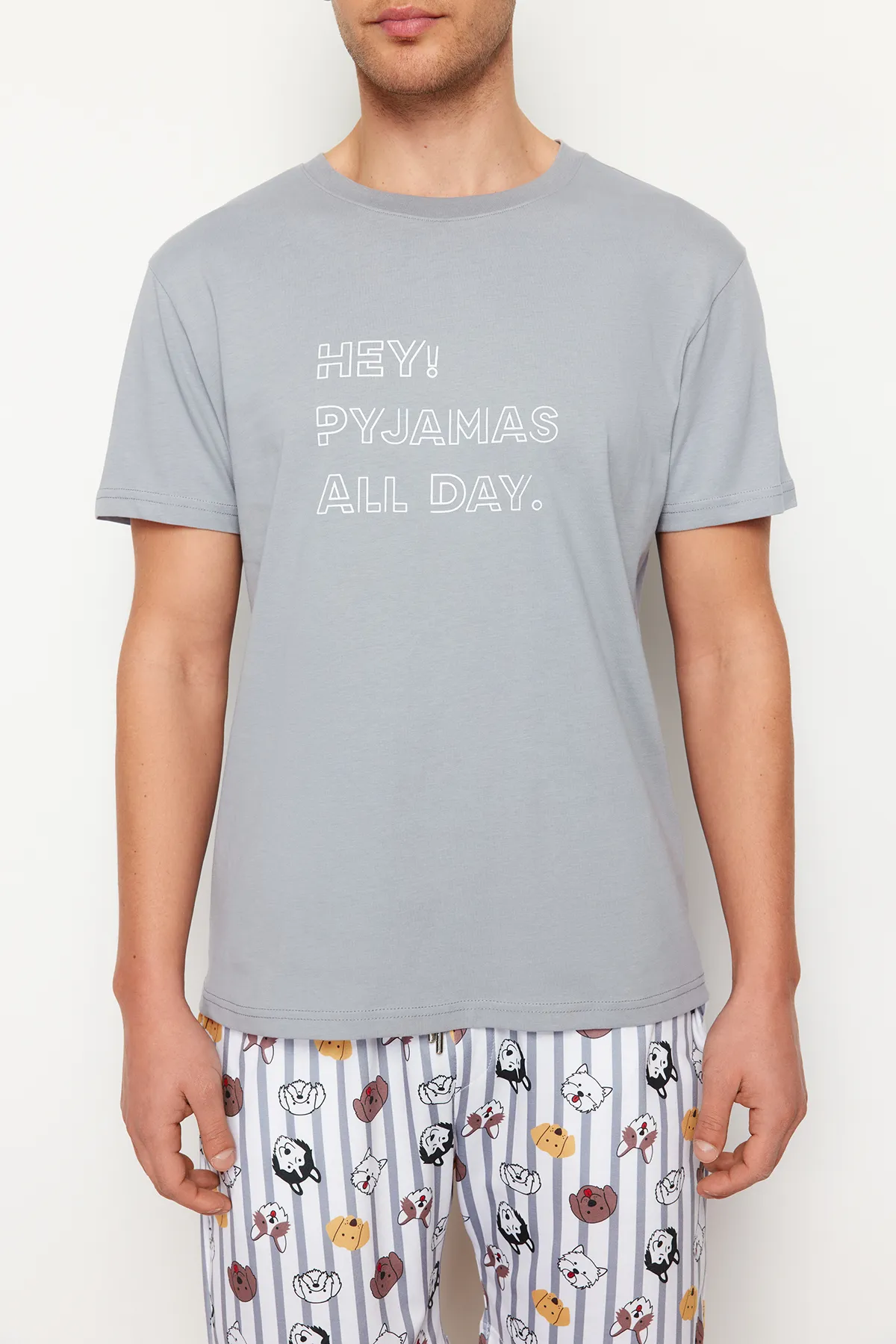 Trendyol Collection  Graues, normal geschnittenes, bedrucktes Pyjama-Set mit Shorts und Shorts TMNSS23PT00000