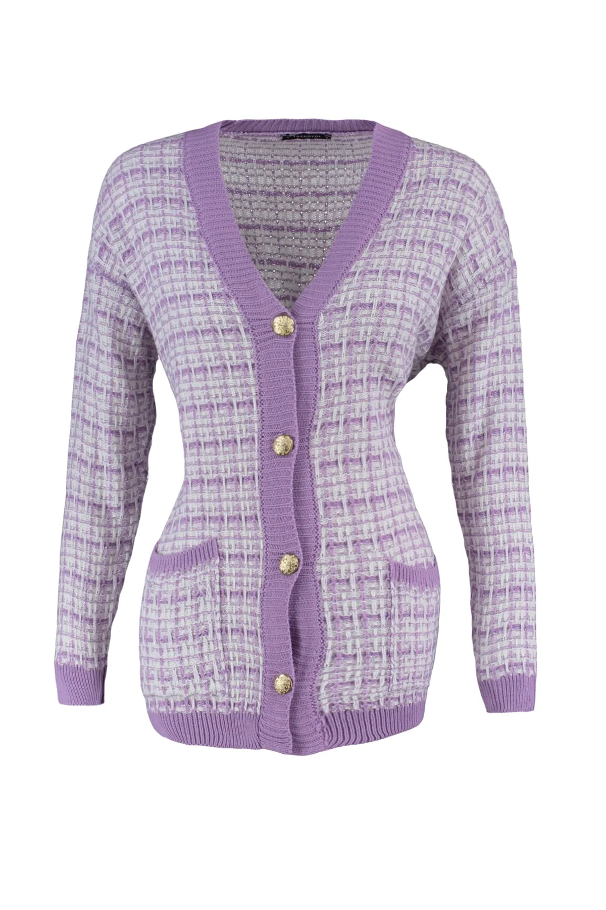 Trendyol Collection  Lilafarbener, weiter Strickcardigan in Tweed-Optik mit Glitzer TWOAW21HI0250