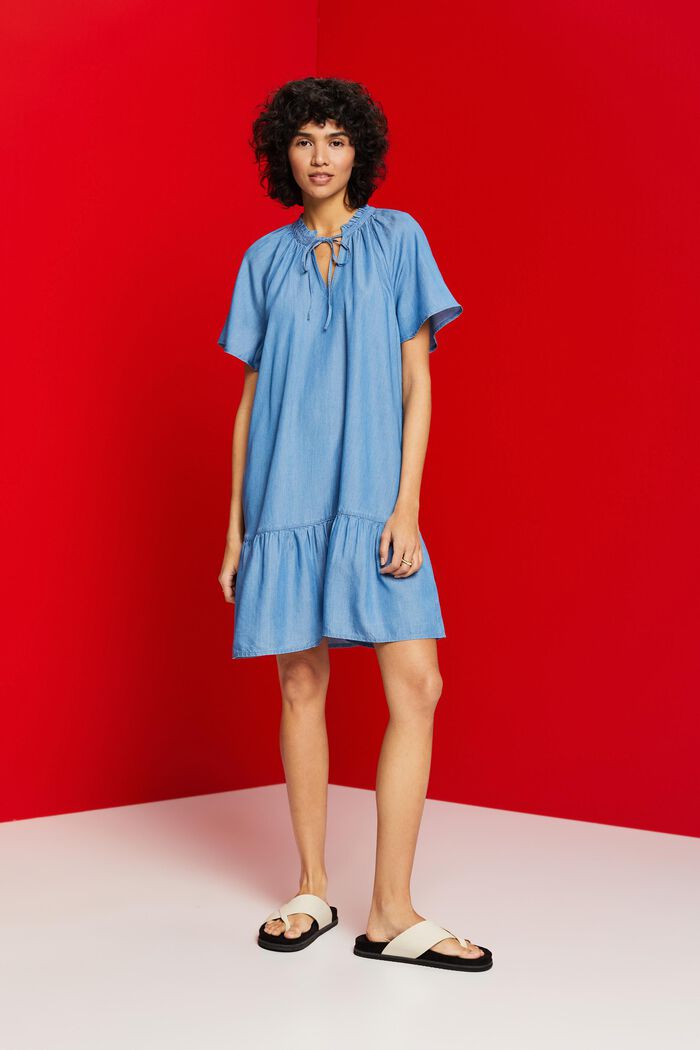 Chambray-Kleid mit Rüschenbesatz am Nackenbindeband, TENCEL™