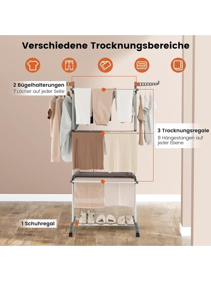 COSTWAY Wäscheständer mit Rollen in Grau günstig kaufen 170 cm