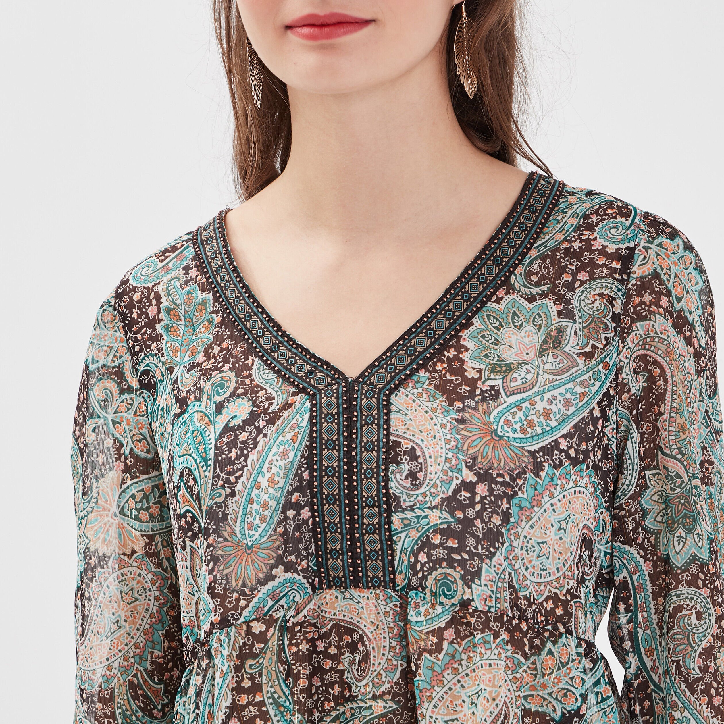 Blouse manches 3/4 marron foncé femme | Cache Cache