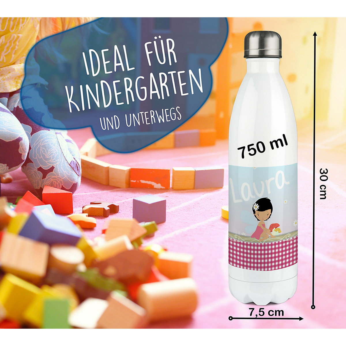 Edelstahl Kinder Thermoflasche / Trinkflasche bunt Fee Spülmaschinenfest, Auslaufsicher, Bruchfest, Doppelwandig, Für Heißgetränke geeignet, Mit Deckel, Isoliert