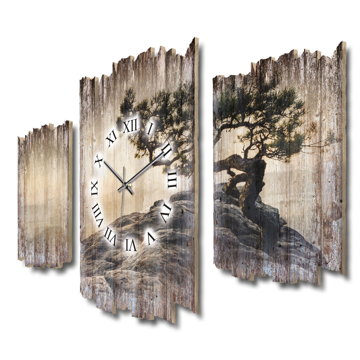Kreative Feder Wanduhr 3-teilige DESIGNER-Wanduhr „Einsamer Baum“ im Shabby-Chic-Stil (ohne Ticken; Funk- oder Quarzuhrwerk; elegant, außergewöhnlich, modern)