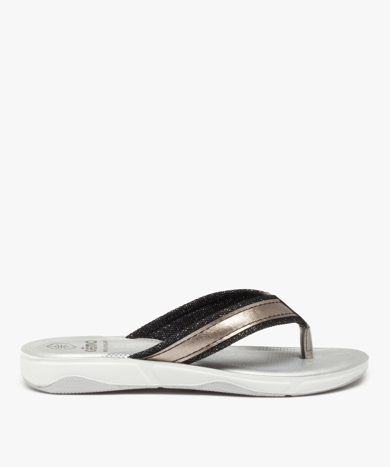 Tongs femme à semelle rembourrée et détails métallisés noir | GEMO