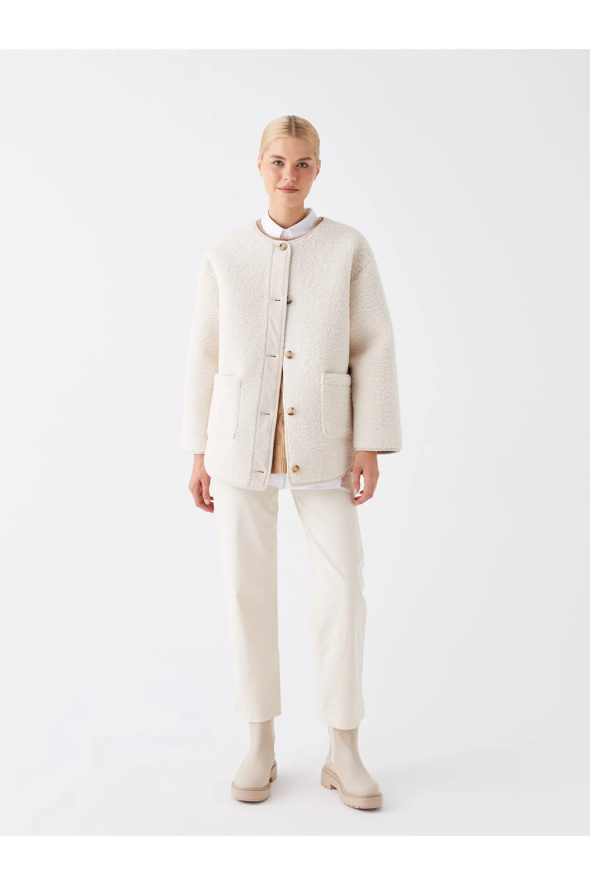 LC Waikiki  Einfarbiger Teddymantel mit Rundhalsausschnitt für Damen