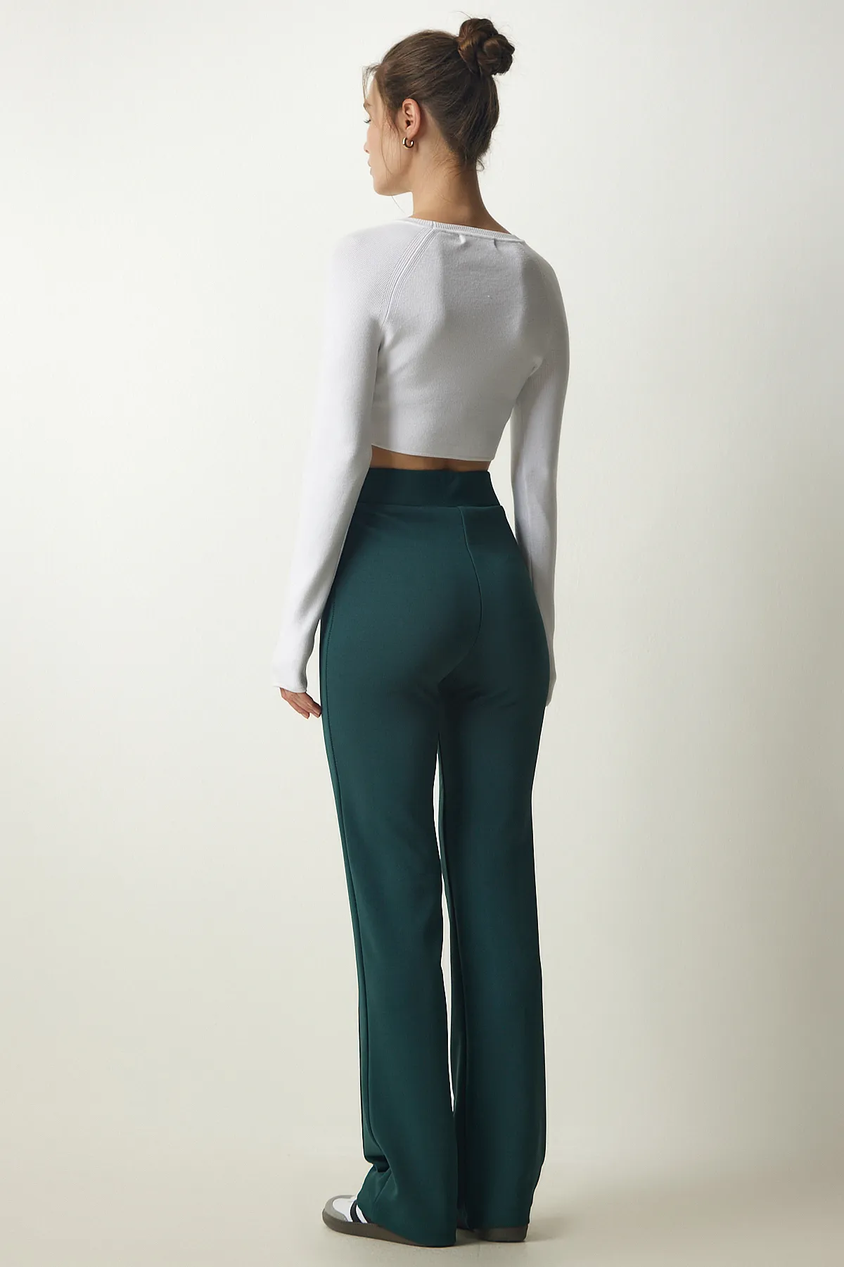Happiness İstanbul  Smaragdgrüne bequeme Strickhose aus Lycra mit hoher Taille für Damen RV00090