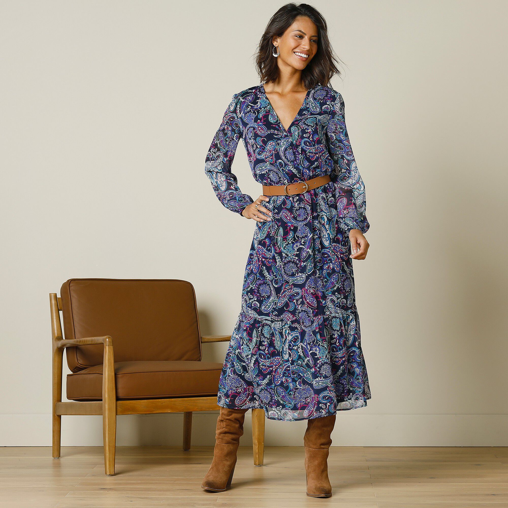 Robe mi-longue en voile imprimé cachemire