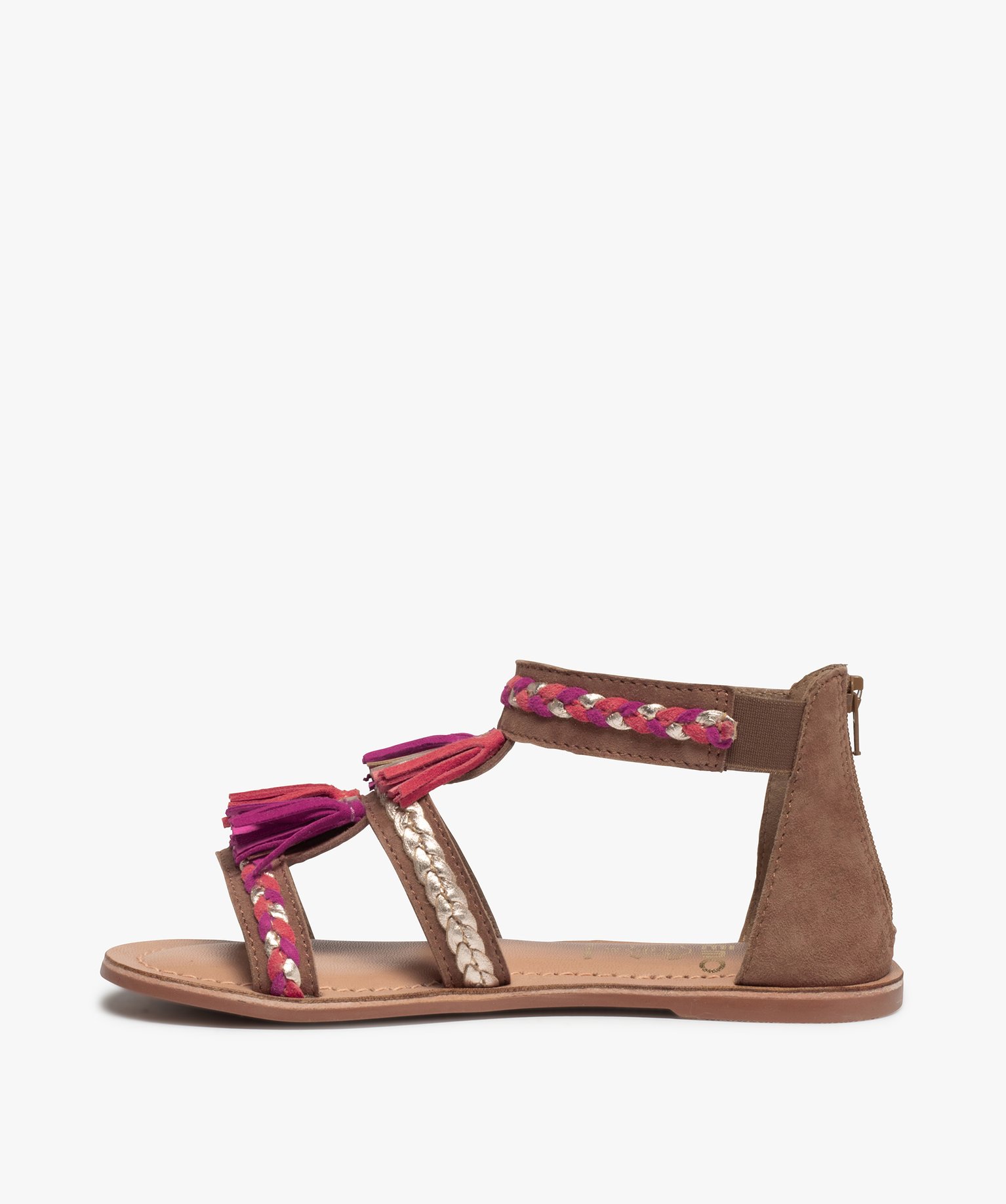 Sandales fille zippées à brides et pompons en cuir marron | GEMO