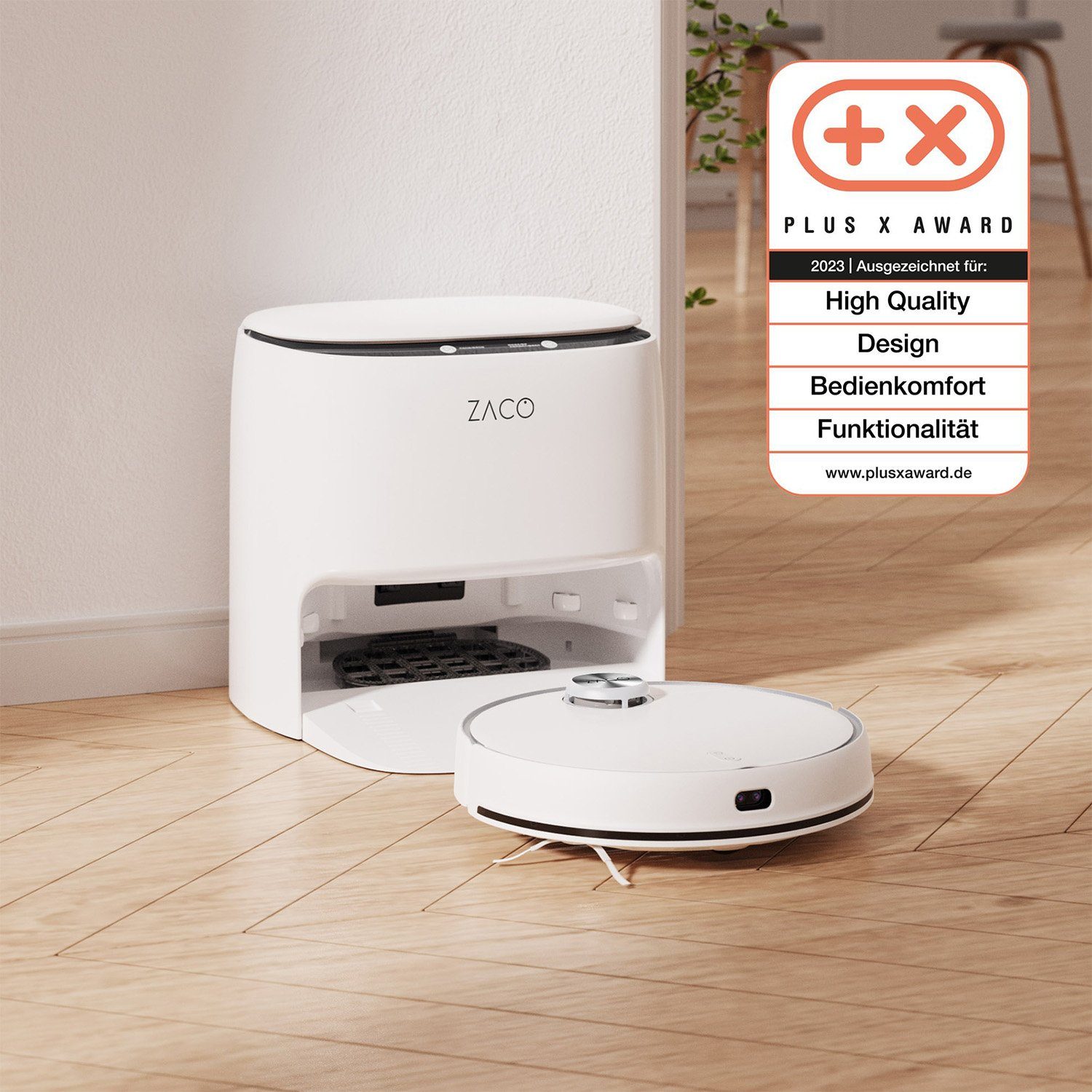 ZACO Nass-Trocken-Saugroboter ZACO M1S, 50 W, beutellos, Waschstation reinigt das Wischtuch alle 10m² mit sterilem Wasser, App