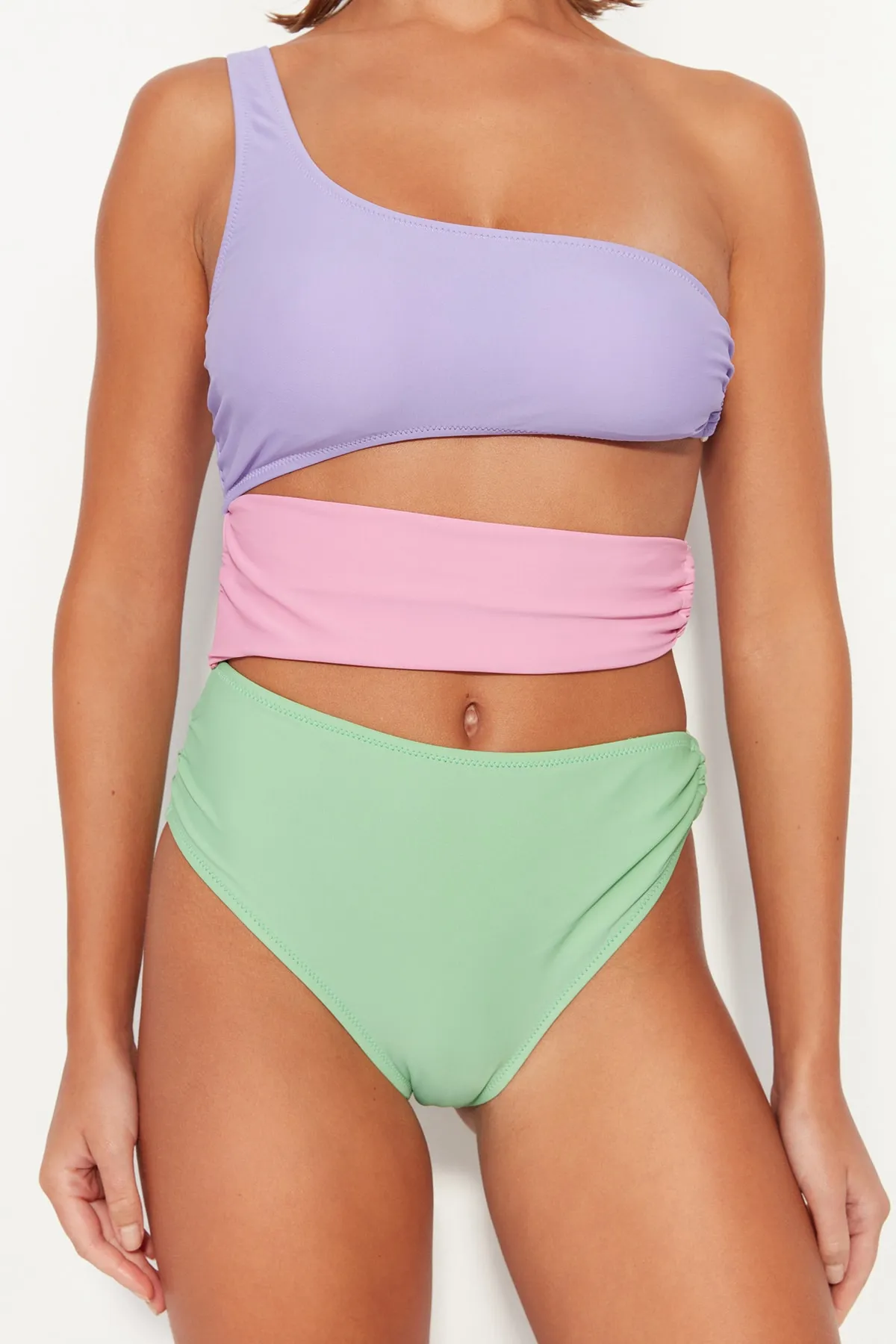 Trendyol Collection  Grün-Lila-Rosa Einschultriger Farbblock Normales Bein Mayokini TBESS23MA00230