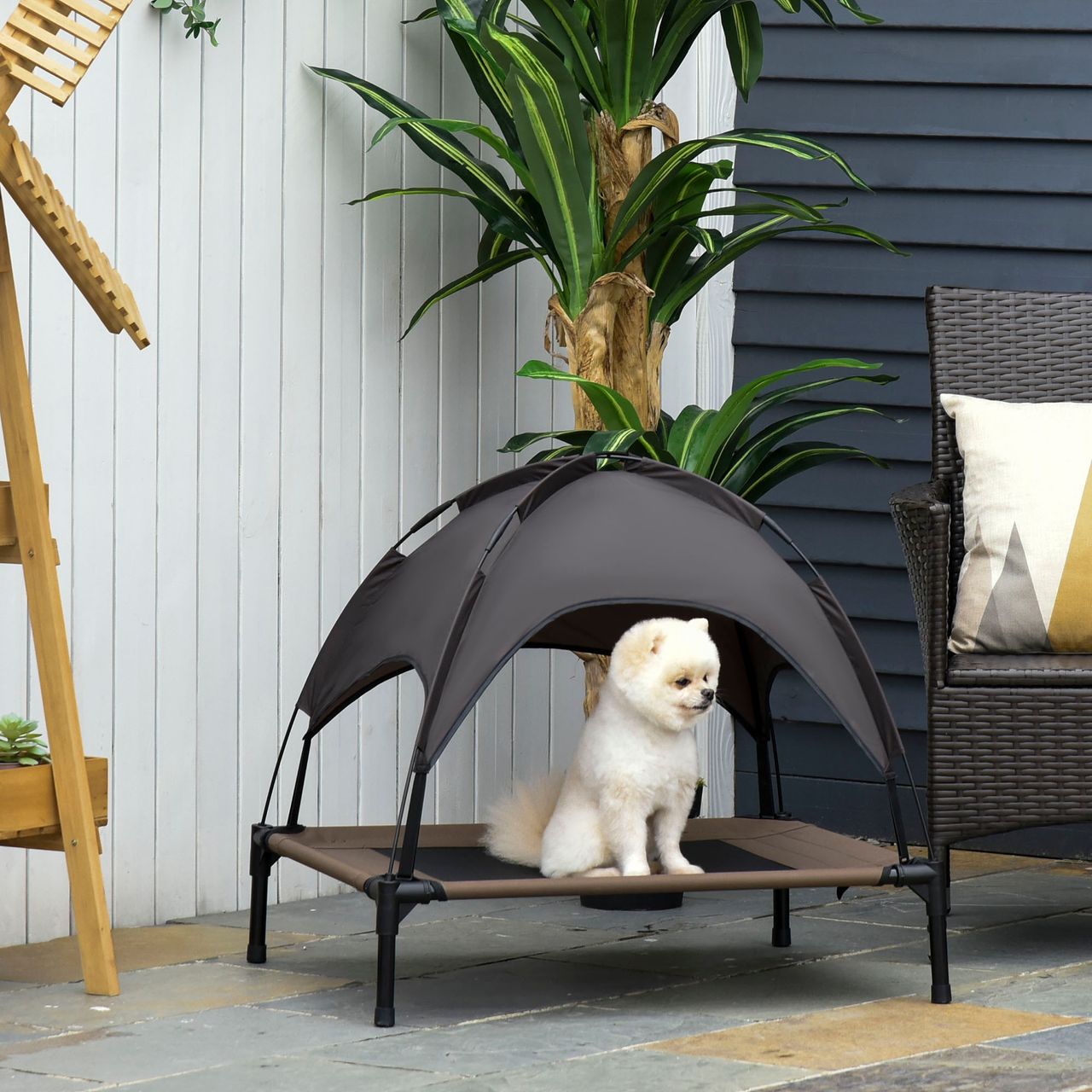 PawHut Haustierbett mit Baldachin Erhöhtes Hundebett Hundeliege outdoor Kaffee