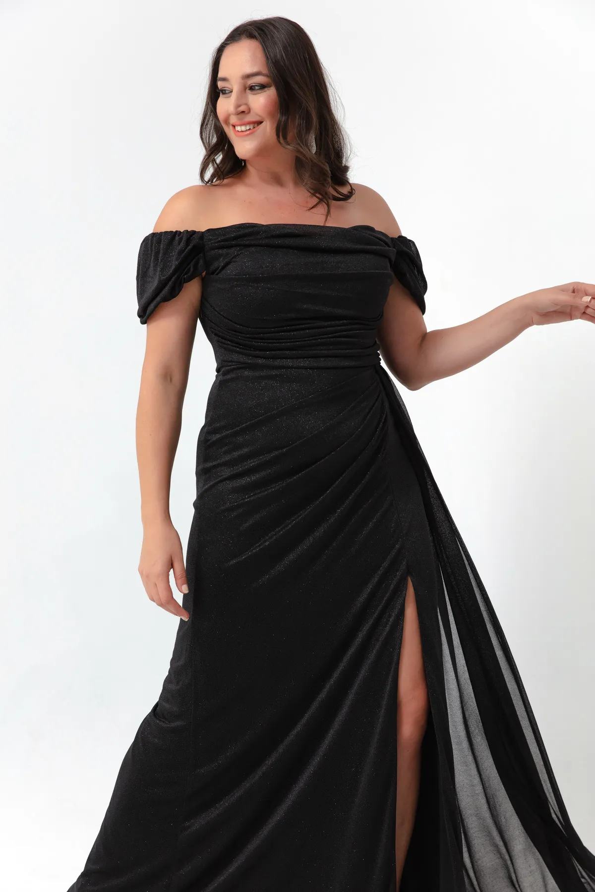 Lafaba  Damen-Abendkleid in Schwarz mit U-Boot-Ausschnitt, drapiertem Schlitz, langes Glitzer-Abendkleid