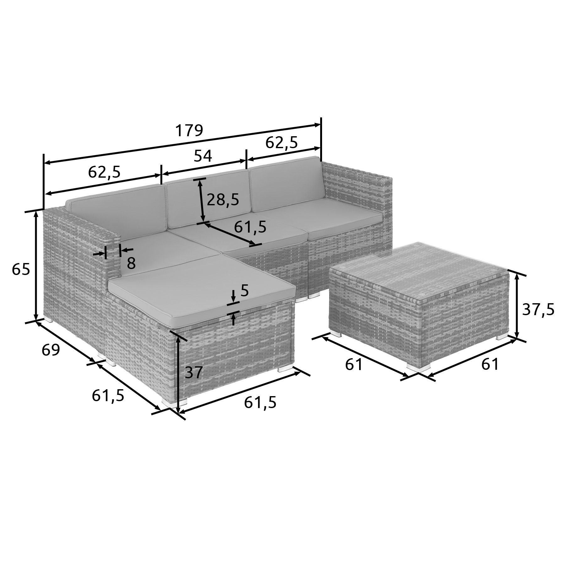 tectake Loungeset Lignano, (Set, 5-tlg)