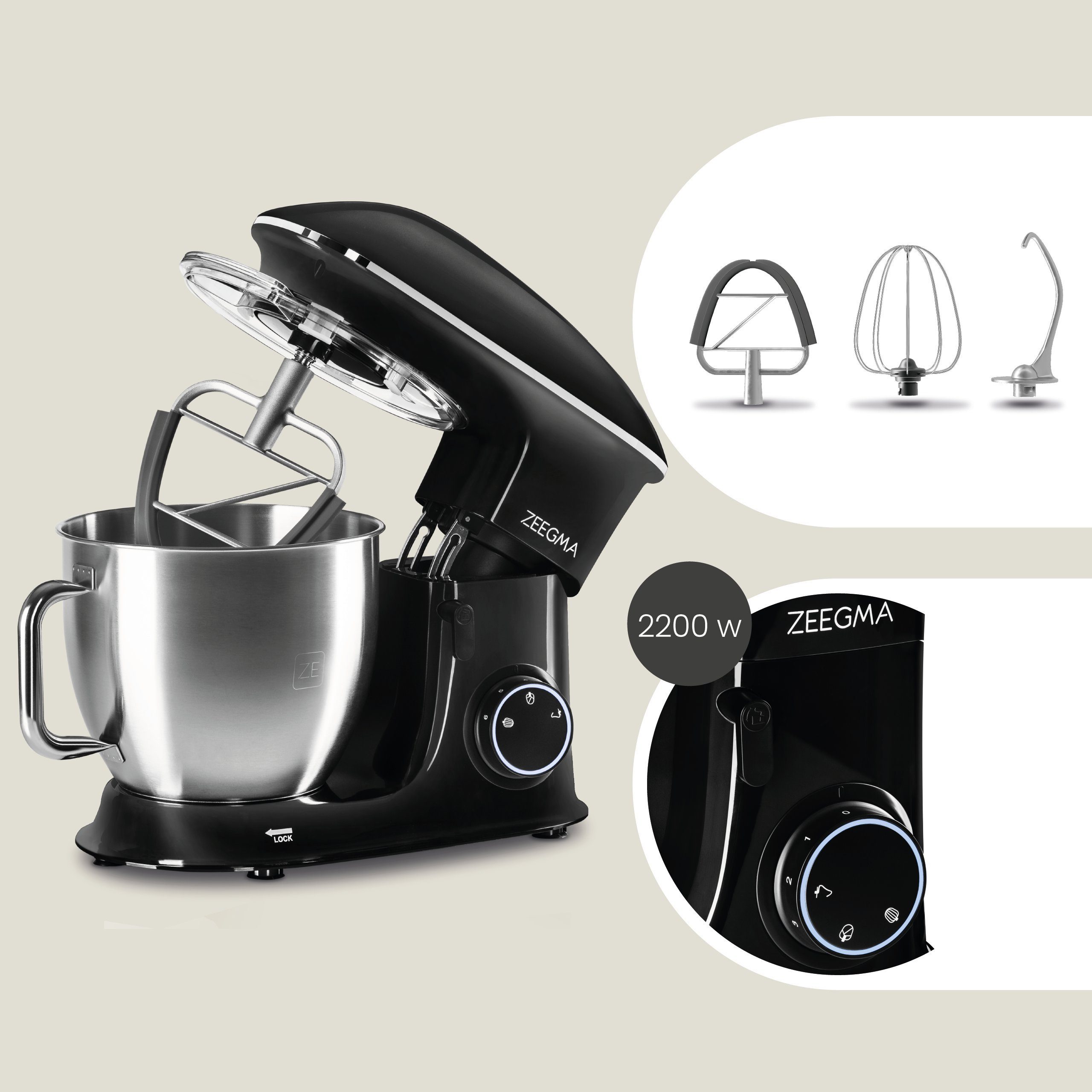 Zeegma Küchenmaschine PLANEET CHEF, 2200 W, 6,50 l Schüssel, 2200W Teflon LED XXXL 6,5 l Schüssel