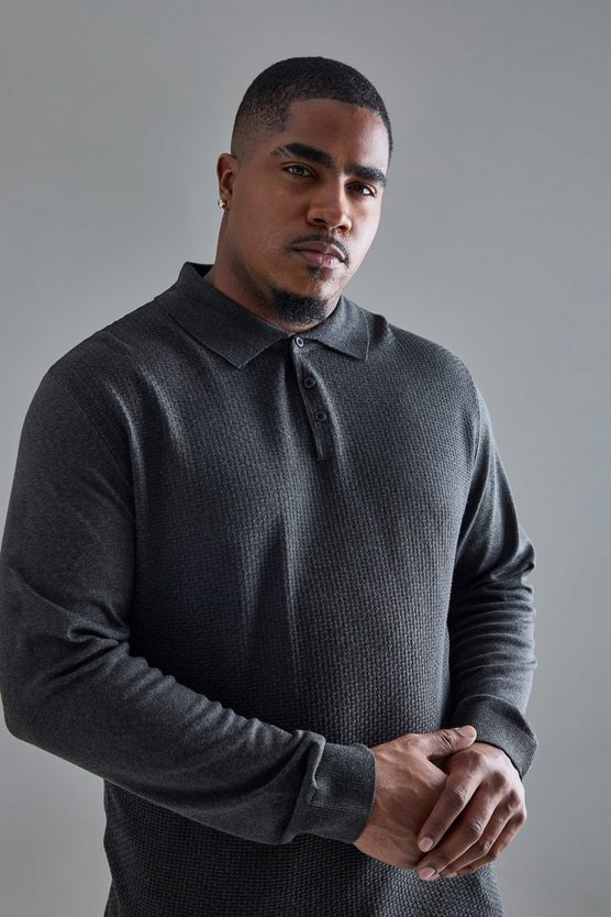 Plus strukturiertes Poloshirt in Charcoal