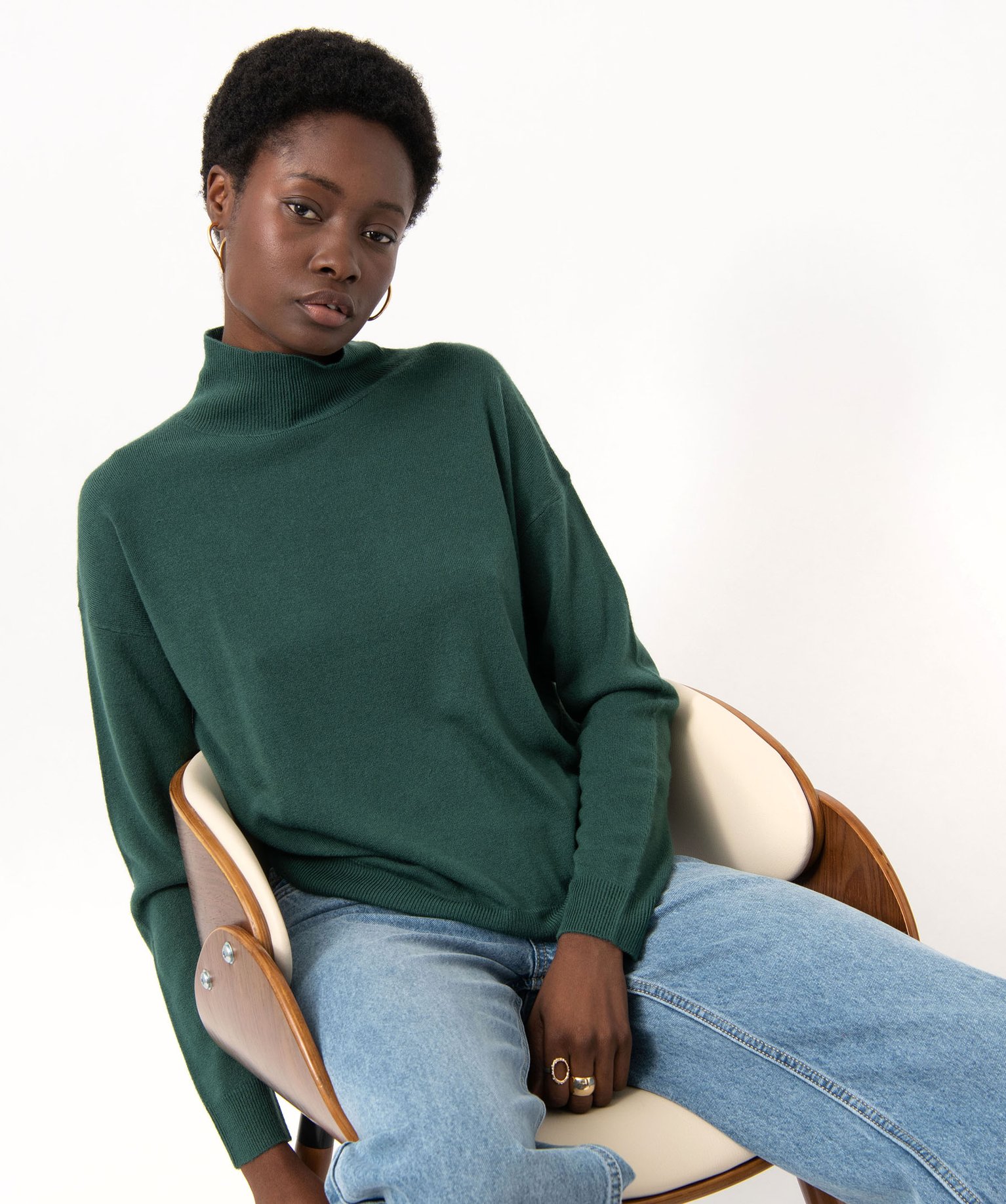 Pull à col montant en maille fine femme vert | GEMO
