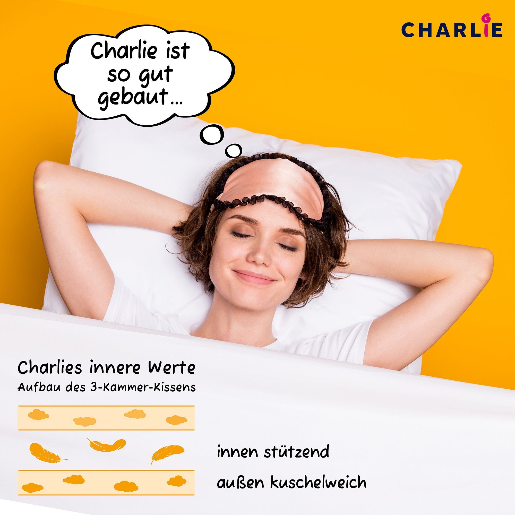 3-Kammer-Kopfkissen CHARLIE Dreikammerkissen in 40x80 oder 80x80 mit starker Stützkraft, Koru Style, Füllung: 100% silberweiße neue Entenfedern + 100% Polyester-Faserbällchen, Made in Germany, allergikerfreundlich, 