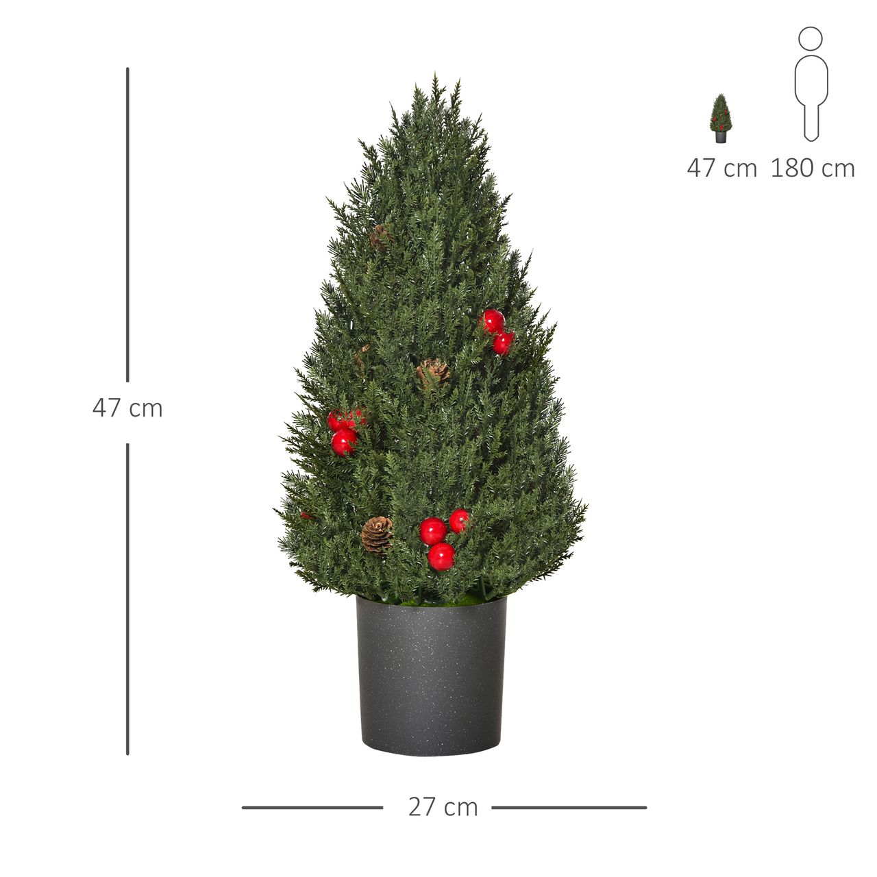 HOMCOM Weihnachtsbaum 50 cm Christbaum Zypressen-Weihnachtsbaum mit 7 roten Beeren und 6 Tannenzapfen Kunsttanne 170 Zweige für Tisch und Schreibtisch PVC PE Grün Ø27 x 47 cm