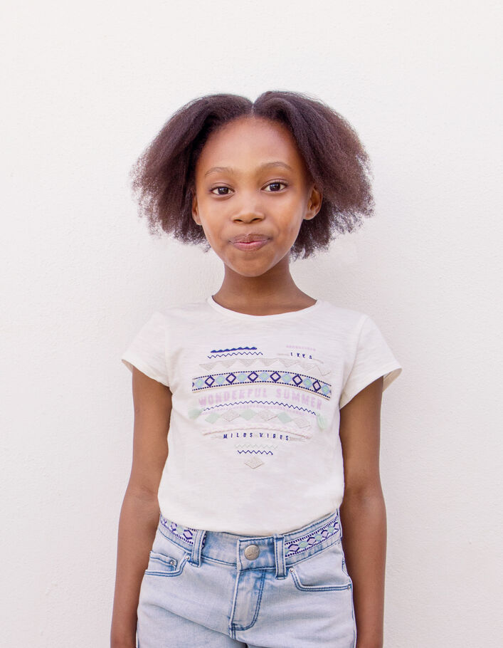 T-shirt blanc cassé coeur broderies ethniques fille