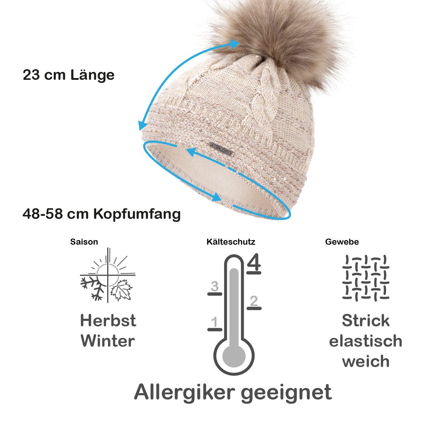 Faera Bommelmütze Wintermütze Damen Pailletten Mütze Beanie Haube gefüttert Strickmütze