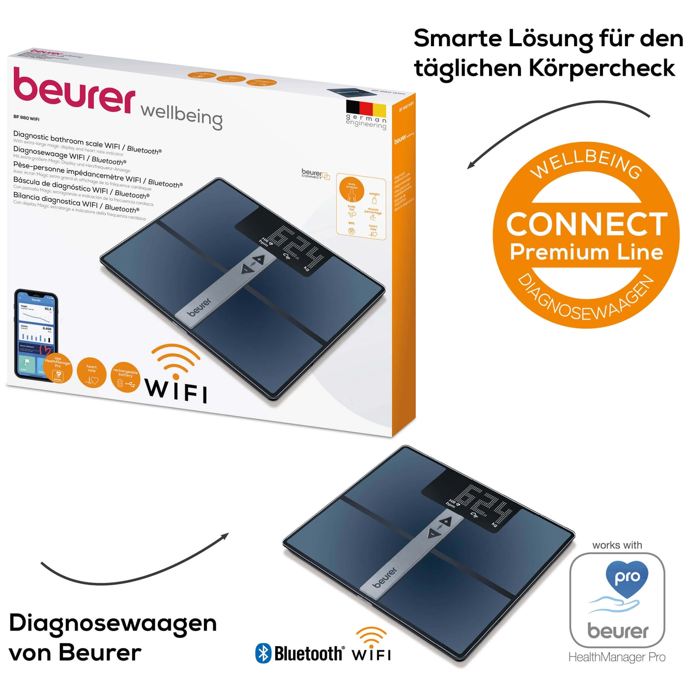 Beurer Diagnosewaage BF 980 WIFI-Körperfettwaage mit umfangreicher Körperanalyse & App-Anbindung