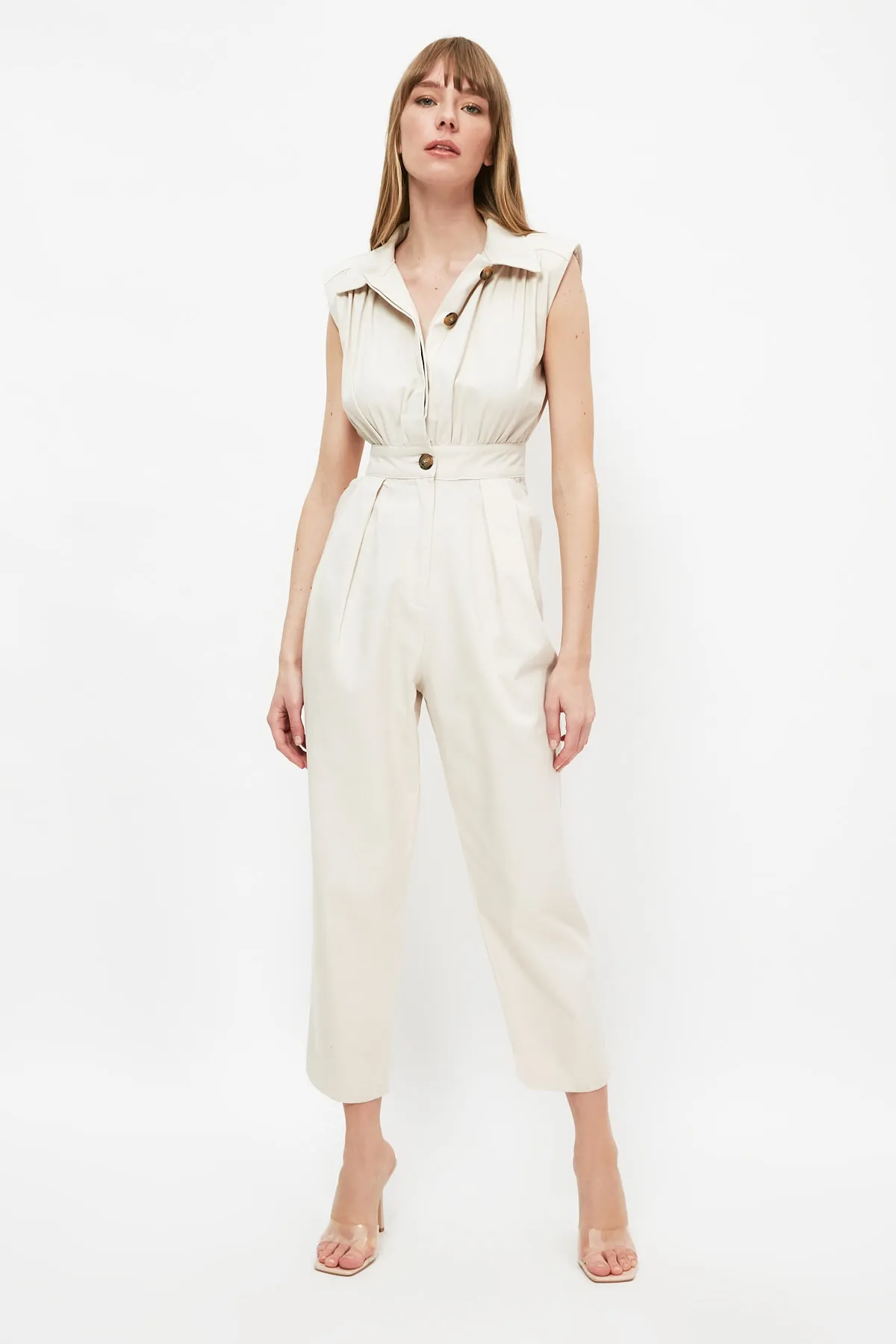 Trendyol Collection  Steinfarbener Maxi-Weboverall mit Hemdkragen TWOSS21TU0233