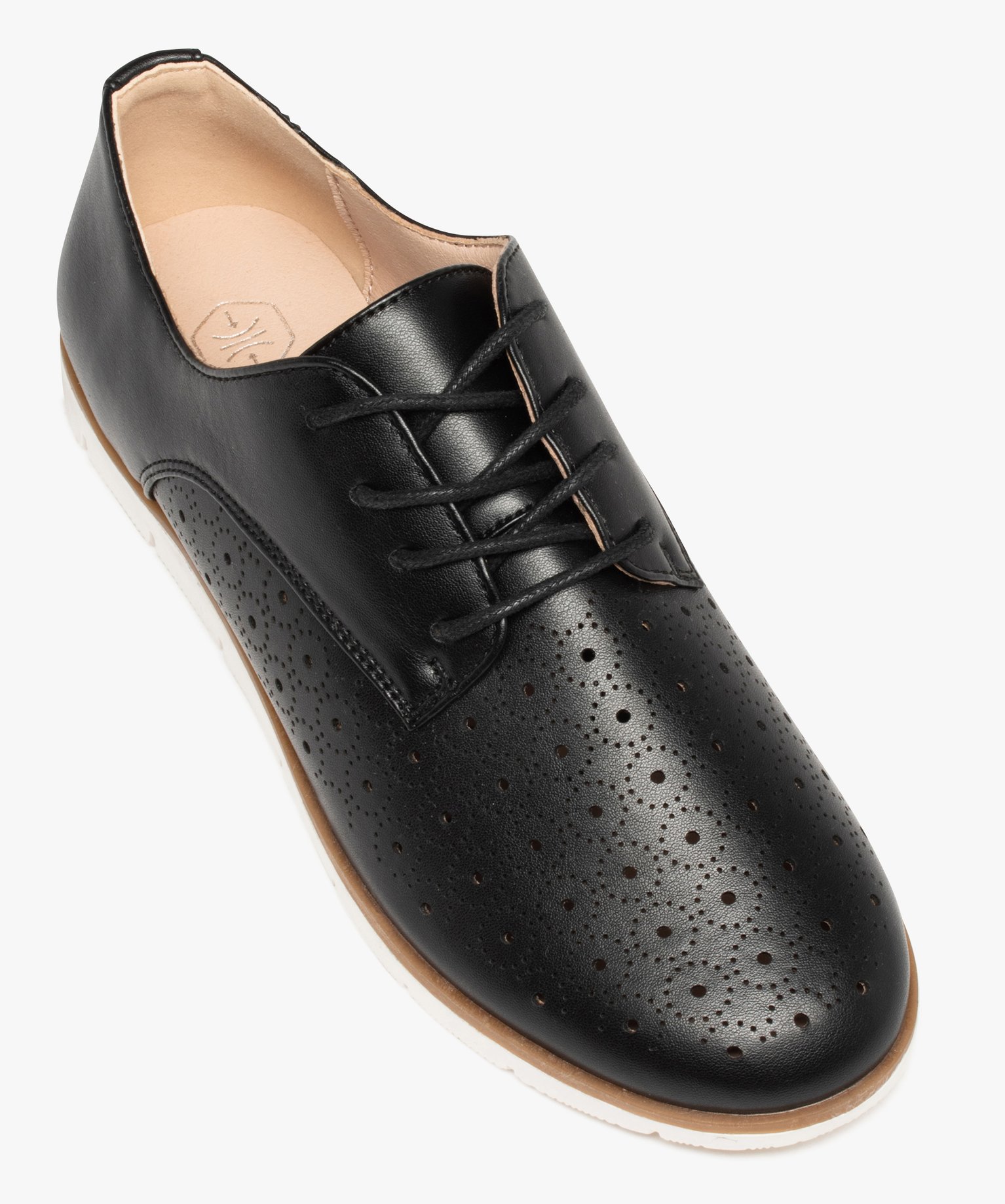 Derbies femme à talon plat et dessus perforé noir | GEMO