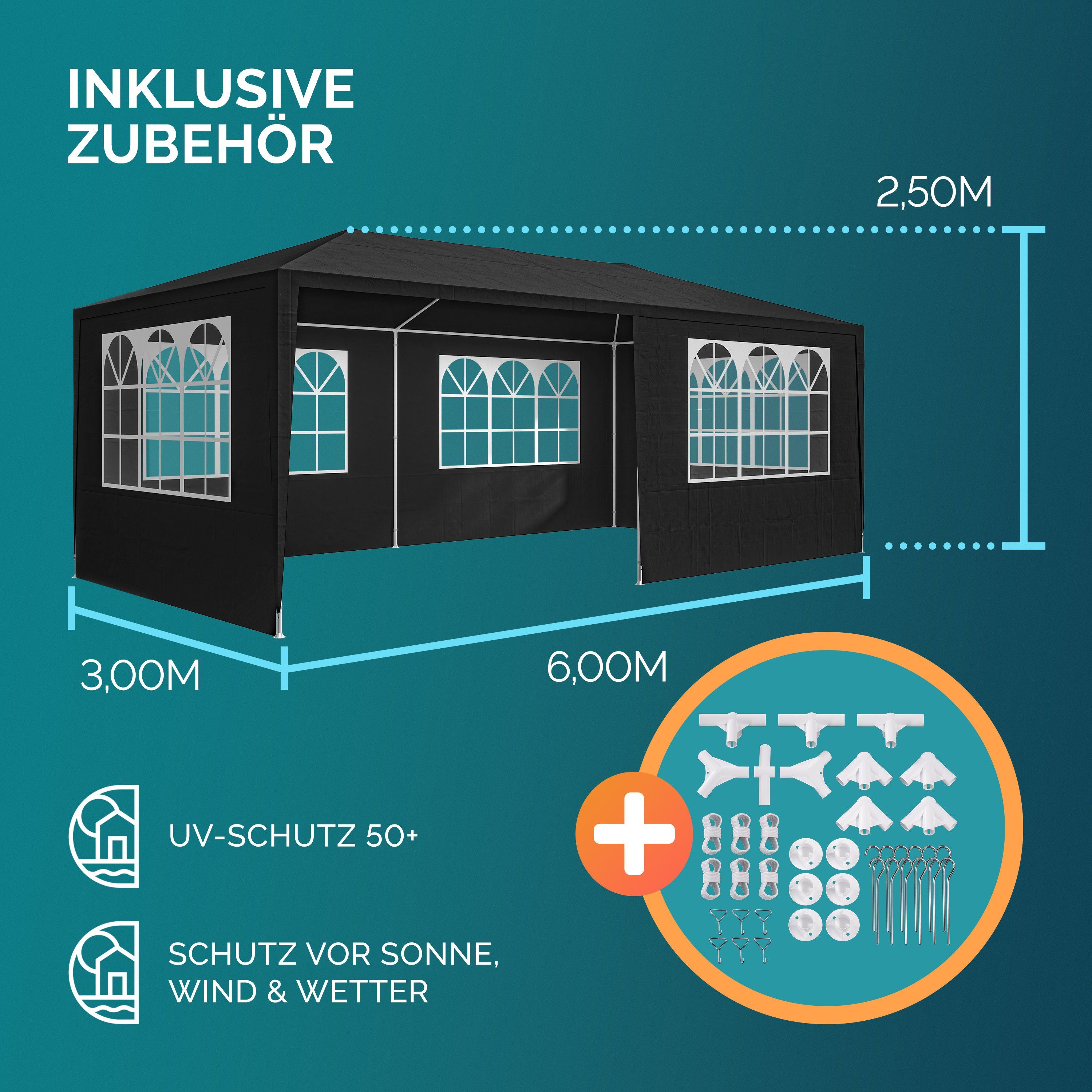 Casaria Partyzelt Rimini, anthrazit 3x6m UV-Schutz 18m² Wasserabweisend 6 Seitenteile Pavillon