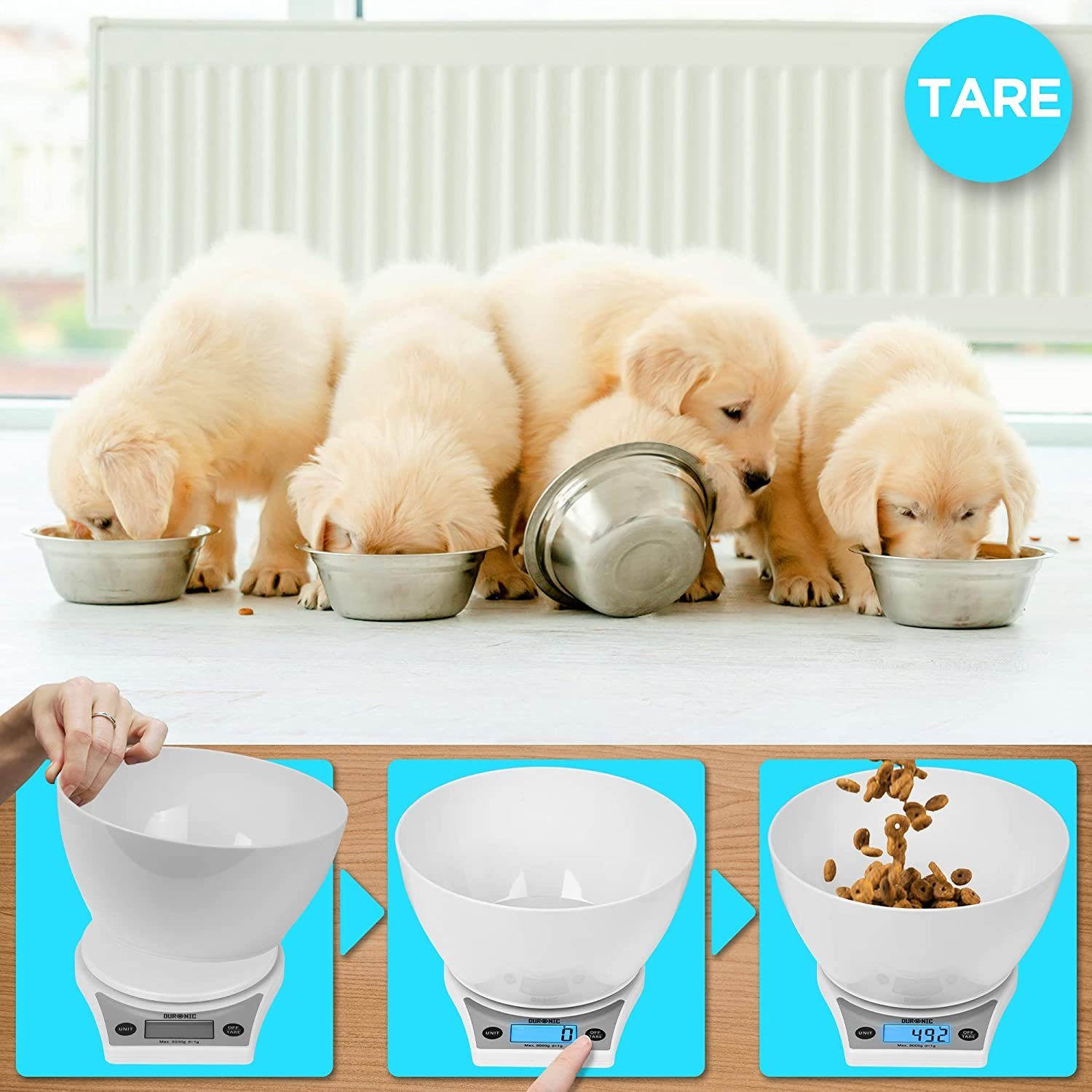 Duronic Küchenwaage, KS6000 WH/WH Küchenwaage, 5 kg Digitalwaage rund mit 2,5 L Schüssel