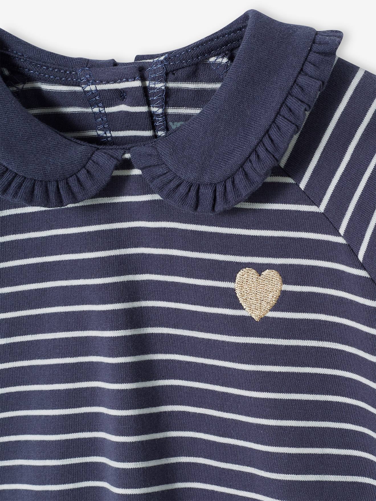 Vertbaudet Baby-Set: Samt-Shorts, Shirt & Haarband - dunkelblau gestreift