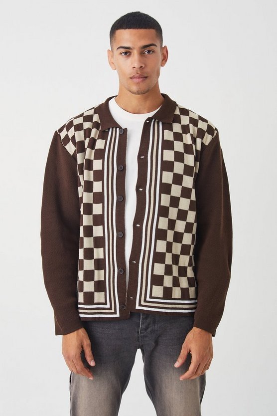 Langärmliges Oversize Strick-Hemd mit Schachbrett-Print