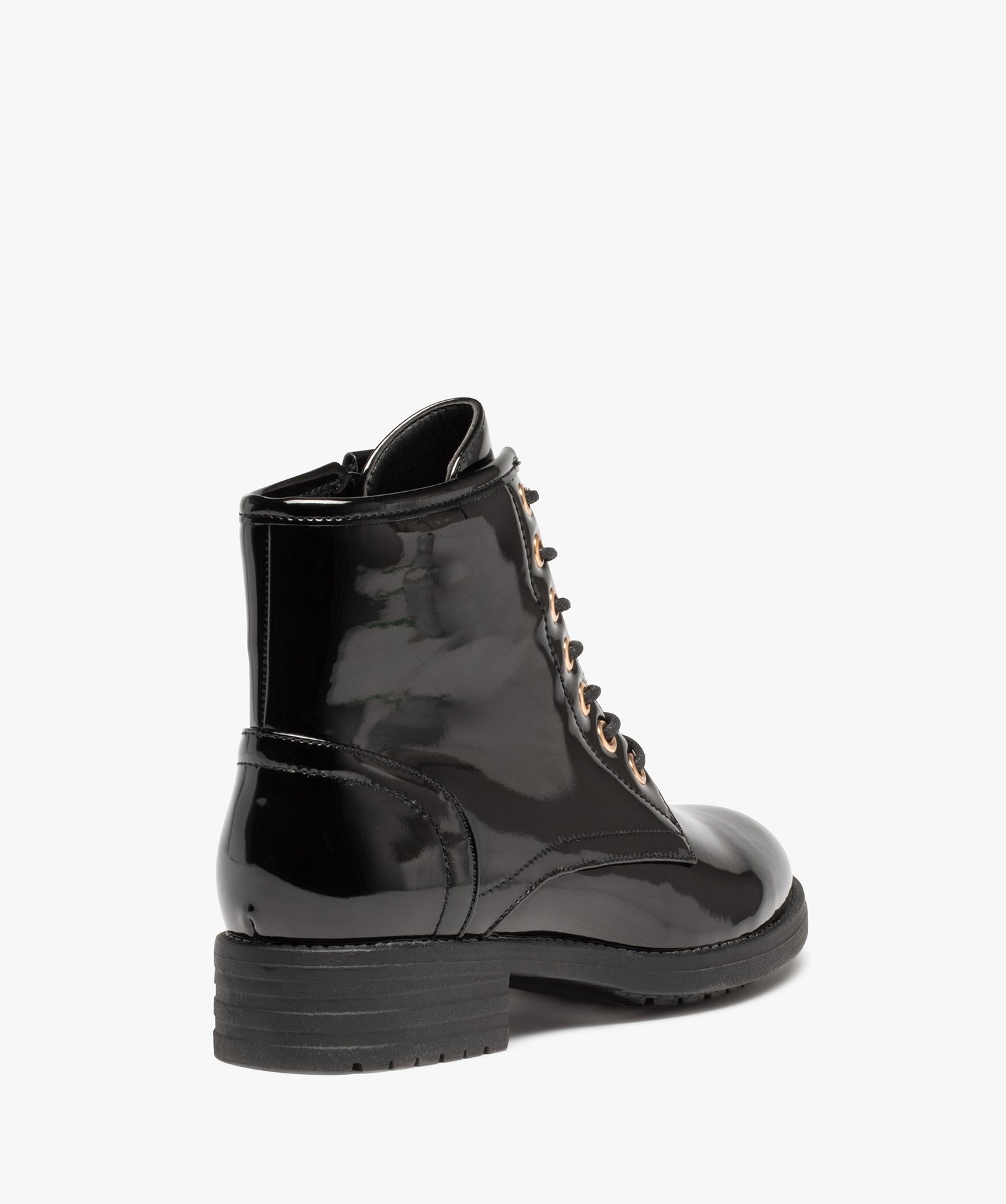 Boots femme à lacets dessus uni et verni à talon large noir | GEMO