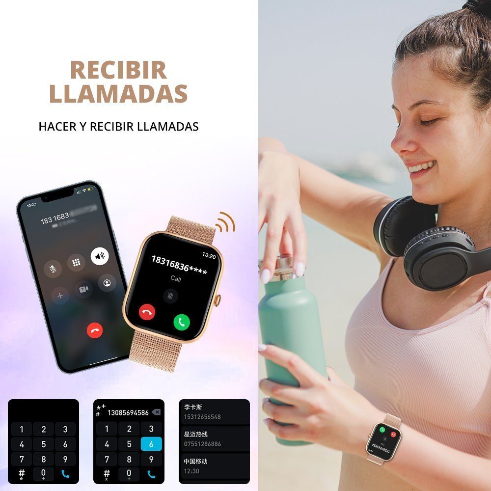 IBETTER Smartwatch Damen Herren Smartwatch (2.0'' HD Voll Touchscreen Zoll Zoll) Fitnessuhr mit Telefonfunktion WhatsApp Notiz mit deutscher Bedienungsanleitung, Herzfrequenzmesser,mit Blutsauerstoff Pulsmesser Sportuhr Schrittzähler Schlafmonitor Ak