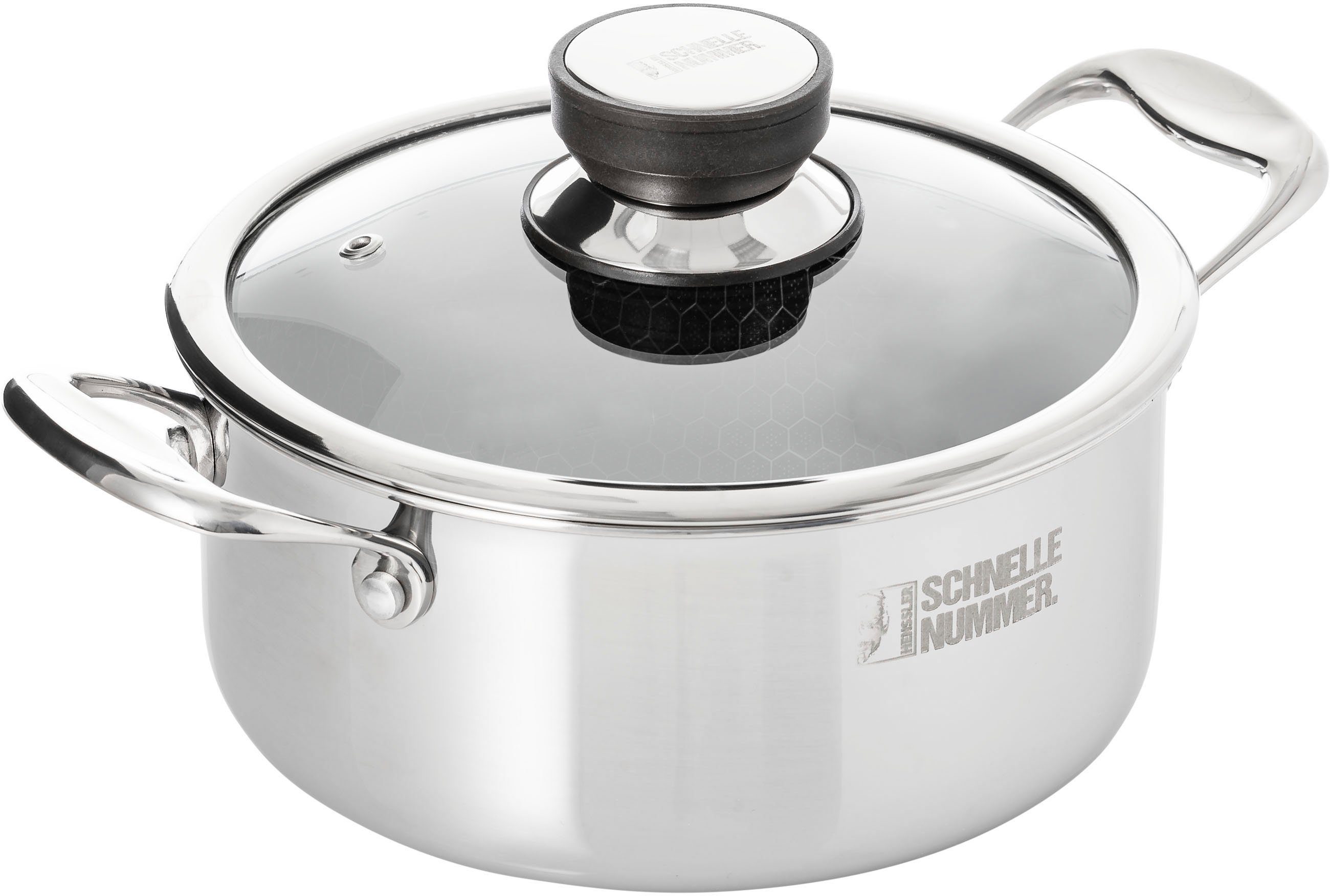 HENSSLER SCHNELLE NUMMER Kochtopf SH10074, Edelstahl, Ø 20 cm, 2,8 Liter, 3-Schicht Material mit Wabenstruktur, Induktion