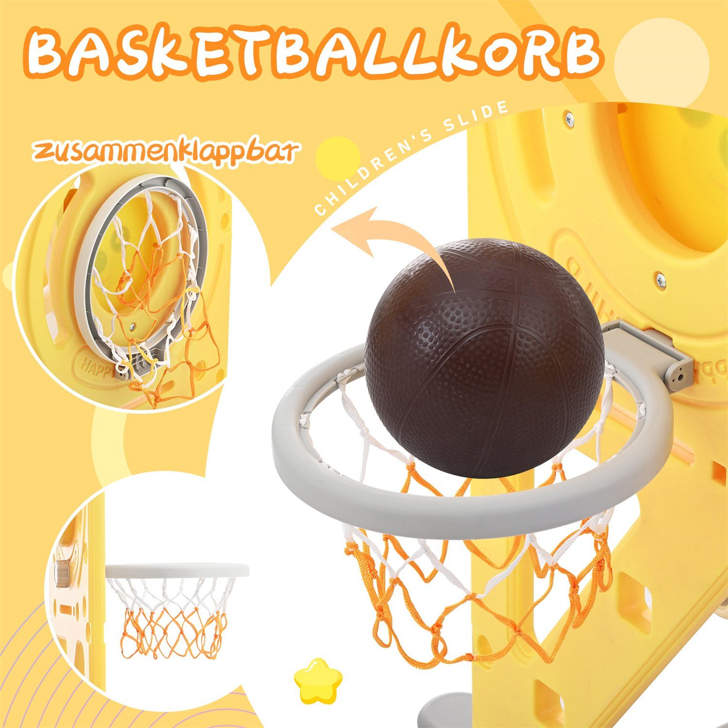 Fangqi Indoor-Rutsche 5 in 1 Kinderrutsche und Kletterspielzeug, Kinderspielzeug,Unisex, (Kinderrutsche, Klettern, Aufbewahrung, Schaukel, Basketballkorb. Hergestellt aus HDPE. Mit Cartoon Bild)