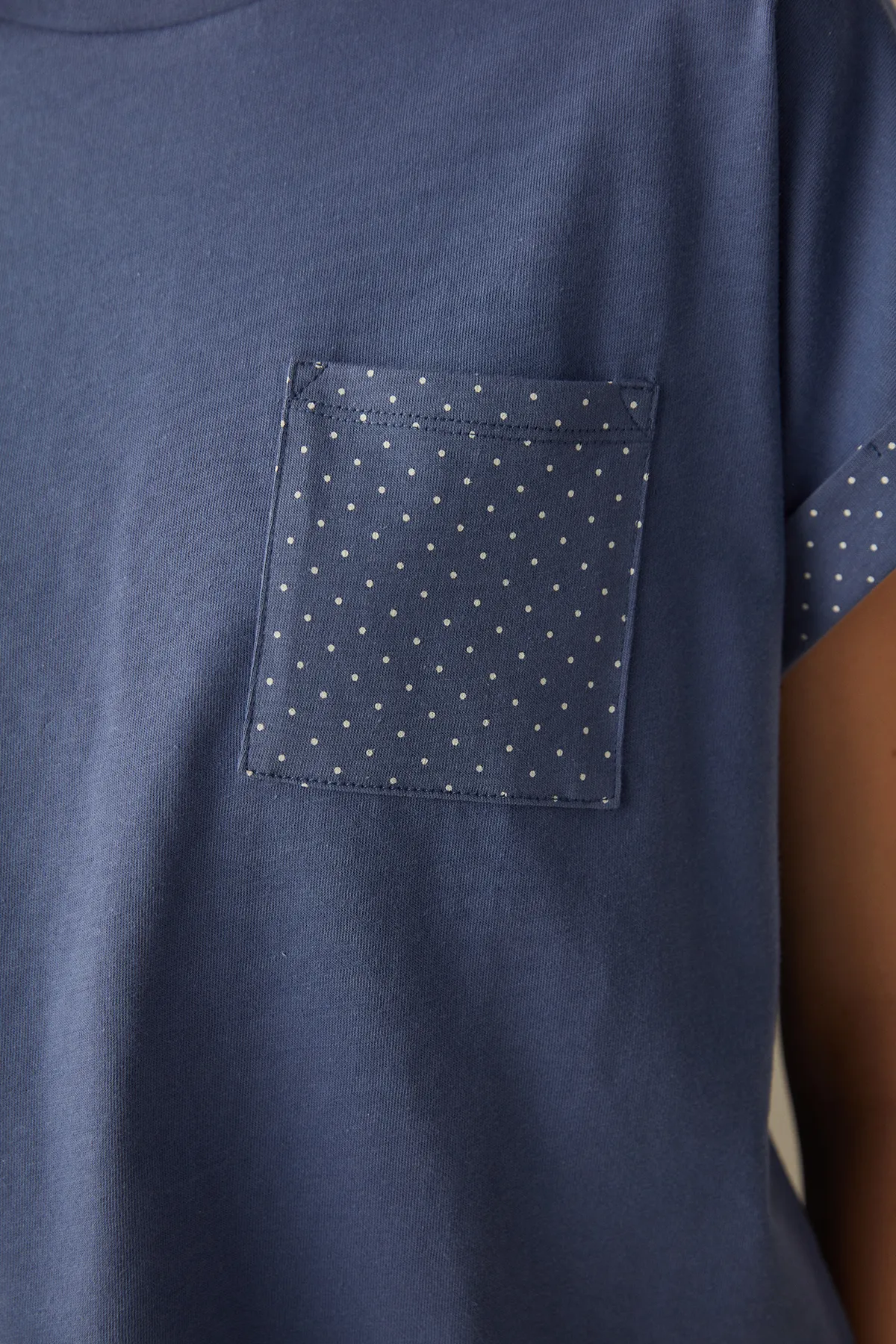 Penti  Marineblaues T-Shirt-Pyjamaoberteil mit gepunkteter Tasche