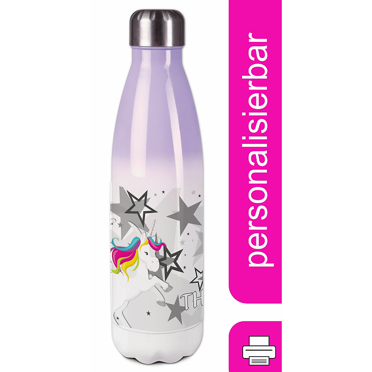 Edelstahl Kinder Thermoflasche / Trinkflasche bunt Pegasus Sterne Farbe grau Spülmaschinenfest, Auslaufsicher, Bruchfest, Doppelwandig, Für Heißgetränke geeignet, Mit Deckel, Isoliert