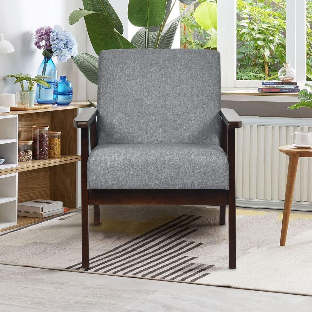 KOMFOTTEU Polsterstuhl Loungesessel, aus Gummiholz,(Grau)