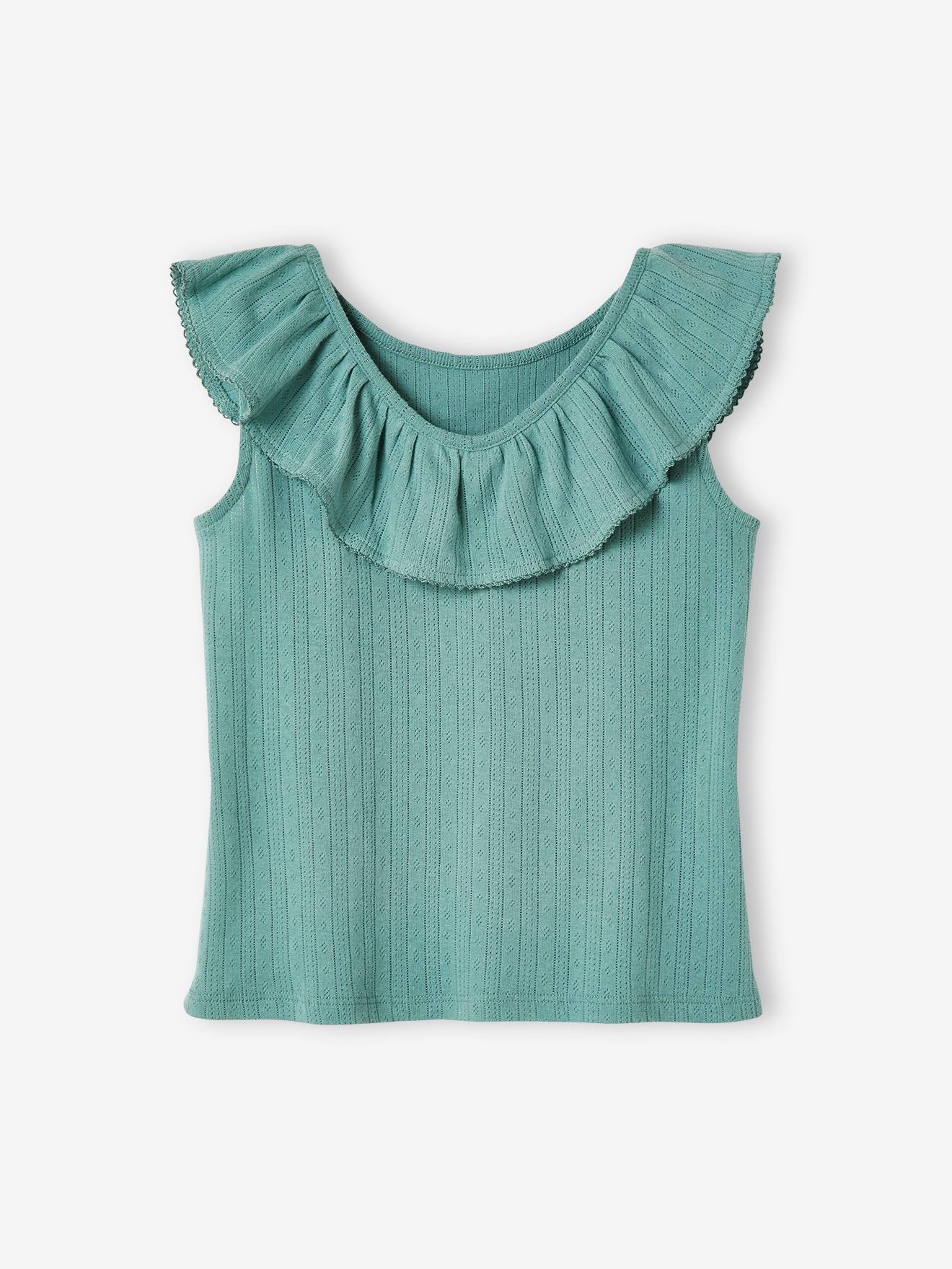 Vertbaudet Mädchen Volant-Top aus Pointelle-Jersey Oeko-Tex - smaragdgrün